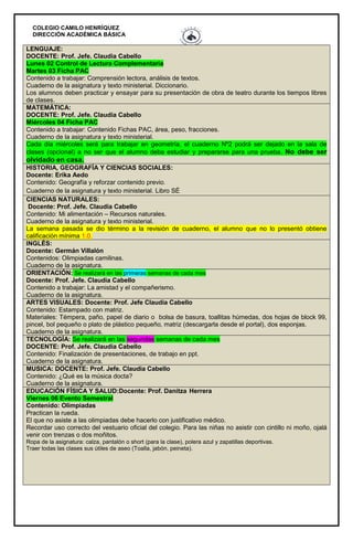 COLEGIO CAMILO HENRÍQUEZ
DIRECCIÓN ACADÉMICA BÁSICA
LENGUAJE:
DOCENTE: Prof. Jefe. Claudia Cabello
Lunes 02 Control de Lectura Complementaria
Martes 03 Ficha PAC
Contenido a trabajar: Comprensión lectora, análisis de textos.
Cuaderno de la asignatura y texto ministerial. Diccionario.
Los alumnos deben practicar y ensayar para su presentación de obra de teatro durante los tiempos libres
de clases.
MATEMÁTICA:
DOCENTE: Prof. Jefe. Claudia Cabello
Miércoles 04 Ficha PAC
Contenido a trabajar: Contenido Fichas PAC, área, peso, fracciones.
Cuaderno de la asignatura y texto ministerial.
Cada día miércoles será para trabajar en geometría, el cuaderno Nº2 podrá ser dejado en la sala de
clases (opcional) a no ser que el alumno deba estudiar y prepararse para una prueba. No debe ser
olvidado en casa.
HISTORIA, GEOGRAFÍA Y CIENCIAS SOCIALES:
Docente: Erika Aedo
Contenido: Geografía y reforzar contenido previo.
Cuaderno de la asignatura y texto ministerial. Libro SÉ
CIENCIAS NATURALES:
Docente: Prof. Jefe. Claudia Cabello
Contenido: Mi alimentación – Recursos naturales.
Cuaderno de la asignatura y texto ministerial.
La semana pasada se dio término a la revisión de cuaderno, el alumno que no lo presentó obtiene
calificación mínima 1.0.
INGLÉS:
Docente: Germán Villalón
Contenidos: Olimpiadas camilinas.
Cuaderno de la asignatura.
ORIENTACIÓN: Se realizará en las primeras semanas de cada mes
Docente: Prof. Jefe. Claudia Cabello
Contenido a trabajar: La amistad y el compañerismo.
Cuaderno de la asignatura.
ARTES VISUALES: Docente: Prof. Jefe Claudia Cabello
Contenido: Estampado con matriz.
Materiales: Témpera, paño, papel de diario o bolsa de basura, toallitas húmedas, dos hojas de block 99,
pincel, bol pequeño o plato de plástico pequeño, matriz (descargarla desde el portal), dos esponjas.
Cuaderno de la asignatura.
TECNOLOGÍA: Se realizará en las segundas semanas de cada mes
DOCENTE: Prof. Jefe. Claudia Cabello
Contenido: Finalización de presentaciones, de trabajo en ppt.
Cuaderno de la asignatura.
MUSICA: DOCENTE: Prof. Jefe. Claudia Cabello
Contenido: ¿Qué es la música docta?
Cuaderno de la asignatura.
EDUCACIÓN FÍSICA Y SALUD:Docente: Prof. Danitza Herrera
Viernes 06 Evento Semestral
Contenido: Olimpiadas
Practican la rueda.
El que no asiste a las olimpiadas debe hacerlo con justificativo médico.
Recordar uso correcto del vestuario oficial del colegio. Para las niñas no asistir con cintillo ni moño, ojalá
venir con trenzas o dos moñitos.
Ropa de la asignatura: calza, pantalón o short (para la clase), polera azul y zapatillas deportivas.
Traer todas las clases sus útiles de aseo (Toalla, jabón, peineta).
 