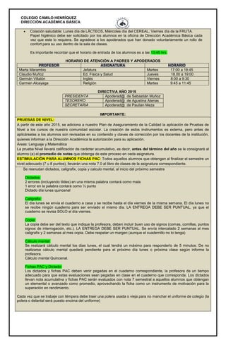COLEGIO CAMILO HENRÍQUEZ
DIRECCIÓN ACADÉMICA BÁSICA
 Colación saludable: Lunes día de LÁCTEOS, Miércoles día del CEREAL, Viernes día de la FRUTA.
Papel higiénico debe ser solicitado por los alumnos en la oficina de Dirección Académica Básica cada
vez que este lo requiera. Se agradece a los apoderados que han donado voluntariamente un rollo de
confort para su uso dentro de la sala de clases.
Es importante recordar que el horario de entrada de los alumnos es a las 13:45 hrs.
HORARIO DE ATENCIÒN A PADRES Y APODERADOS
PROFESOR ASIGNATURA HORARIO
Marta Marambio Jefatura Martes 17:00 a 18:45
Claudio Muñoz Ed. Física y Salud Jueves 18.00 a 19:00
Germán Villalón Inglés Viernes 8:00 a 9:30
Carmen Alcayaga Religión Martes 9:45 a 11:45
DIRECTIVA AÑO 2015
PRESIDENTA Apoderad@ de Sebastián Muñoz
TESORERO Apoderad@ de Agustina Atenas
SECRETARIA Apoderad@ de Paulian Meza
IMPORTANTE:
PRUEBAS DE NIVEL:
A partir de este año 2015, se adiciona a nuestro Plan de Aseguramiento de la Calidad la aplicación de Pruebas de
Nivel a los cursos de nuestra comunidad escolar. La creación de estos instrumentos es externa, pero antes de
aplicárselas a los alumnos son revisadas en su contenido y claves de corrección por los docentes de la institución,
quienes informan a la Dirección Académica la autorización para su aplicación.
Áreas: Lenguaje y Matemática
La prueba Nivel llevará calificación de carácter acumulativo, es decir, antes del término del año se le consignará al
alumno (a) el promedio de notas que obtenga de este proceso en cada asignatura.
ESTIMULACIÓN PARA ALUMNOS FICHAS PAC: Todos aquellos alumnos que obtengan al finalizar el semestre un
nivel adecuado (7 u 8 puntos), llevarán una nota 7.0 al libro de clases de la asignatura correspondiente.
Se reanudan dictados, caligrafix, copia y calculo mental, al inicio del próximo semestre
Dictados:
2 errores (incluyendo tildes) en una misma palabra contará como mala
1 error en la palabra contará como ½ punto
Dictado día lunes quincenal
Caligrafix:
El día lunes se envía el cuaderno a casa y se recibe hasta el día viernes de la misma semana. El día lunes no
se recibe ningún cuaderno para ser enviado el mismo día. LA ENTREGA DEBE SER PUNTUAL, ya que el
cuaderno se revisa SOLO el día viernes.
Copia:
La copia debe ser del texto que indique la profesora, deben incluir buen uso de signos (comas, comillas, puntos
signos de interrogación, etc.). LA ENTREGA DEBE SER PUNTUAL. Se envía intercalado 2 semanas al mes
caligrafix y 2 semanas al mes copia. Debe respetar un margen (aunque el cuadernillo no lo tenga)
Cálculo mental:
Se realizará cálculo mental los días lunes, el cual tendrá un máximo para responderlo de 5 minutos. De no
realizarse cálculo mental quedará pendiente para el próximo día lunes o próxima clase según informe la
profesora.
Cálculo mental Quincenal.
Fichas PAC y Dictado:
Los dictados y fichas PAC deben venir pegadas en el cuaderno correspondiente, la profesora da un tiempo
adecuado para que estas evaluaciones sean pegadas en clase en el cuaderno que corresponda. Los dictados
llevan nota acumulativa y fichas PAC serán evaluados con nota 7 semestral a aquellos alumnos que obtengan
un elemental o avanzado como promedio, aprovechando la ficha como un instrumento de motivación para la
superación en rendimiento.
Cada vez que se trabaje con témpera debe traer una polera usada o vieja para no manchar el uniforme de colegio (la
polera o delantal será puesto encima del uniforme)
 