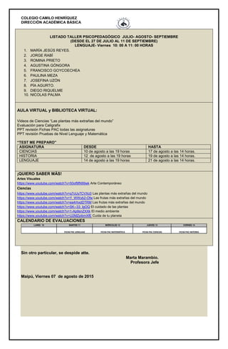 COLEGIO CAMILO HENRÍQUEZ
DIRECCIÓN ACADÉMICA BÁSICA
LISTADO TALLER PSICOPEDAGÓGICO JULIO- AGOSTO- SEPTIEMBRE
(DESDE EL 27 DE JULIO AL 11 DE SEPTIEMBRE)
LENGUAJE- Viernes 10: 00 A 11: 00 HORAS
1. MARÍA JESÚS REYES.
2. JORGE RABÍ
3. ROMINA PRIETO
4. AGUSTINA GÓNGORA
5. FRANCISCO GOYCOECHEA
6. PAULINA MEZA
7. JOSEFINA UZÓN
8. PÍA AGURTO.
9. DIEGO RIQUELME
10. NICOLAS PALMA
AULA VIRTUAL y BIBLIOTECA VIRTUAL:
Videos de Ciencias “Las plantas más extrañas del mundo”
Evaluación para Caligrafix
PPT revisión Fichas PAC todas las asignaturas
PPT revisión Pruebas de Nivel Lenguaje y Matemática
“TEST ME PREPARO”
ASIGNATURA DESDE HASTA
CIENCIAS 10 de agosto a las 19 horas 17 de agosto a las 14 horas.
HISTORIA 12 de agosto a las 19 horas 19 de agosto a las 14 horas.
LENGUAJE 14 de agosto a las 19 horas 21 de agosto a las 14 horas.
¡QUIERO SABER MÁS!
Artes Visuales
https://www.youtube.com/watch?v=50of9fN99wk Arte Contemporáneo
Ciencias
https://www.youtube.com/watch?v=q7cUy7CVXc0 Las plantas más extrañas del mundo
https://www.youtube.com/watch?v=Y_WWyb2-Ofw Las frutas más extrañas del mundo
https://www.youtube.com/watch?v=ea4rhxdDTRM Las frutas más extrañas del mundo
https://www.youtube.com/watch?v=SK--33_lgOQ El cuidado de las plantas
https://www.youtube.com/watch?v=1-Ap9snZXXk El medio ambiente
https://www.youtube.com/watch?v=U2MZpibmXfE Cuida de tu planeta
CALENDARIO DE EVALUACIONES
LUNES 10 MARTES 11 MIÉRCOLES 12 JUEVES 13 VIERNES 14
FICHA PAC LENGUAJE FICHA PAC MATEMÁTICA FICHA PAC HISTORIAFICHA PAC CIENCIAS
Sin otro particular, se despide atte.
Marta Marambio.
Profesora Jefe
Maipú, Viernes 07 de agosto de 2015
 