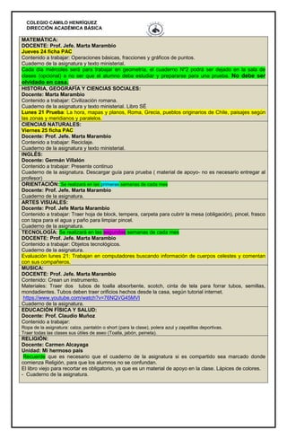COLEGIO CAMILO HENRÍQUEZ
DIRECCIÓN ACADÉMICA BÁSICA
MATEMÁTICA:
DOCENTE: Prof. Jefe. Marta Marambio
Jueves 24 ficha PAC
Contenido a trabajar: Operaciones básicas, fracciones y gráficos de puntos.
Cuaderno de la asignatura y texto ministerial.
Cada día miércoles será para trabajar en geometría, el cuaderno Nº2 podrá ser dejado en la sala de
clases (opcional) a no ser que el alumno deba estudiar y prepararse para una prueba. No debe ser
olvidado en casa.
HISTORIA, GEOGRAFÍA Y CIENCIAS SOCIALES:
Docente: Marta Marambio
Contenido a trabajar: Civilización romana.
Cuaderno de la asignatura y texto ministerial. Libro SÉ
Lunes 21 Prueba: La hora, mapas y planos, Roma, Grecia, pueblos originarios de Chile, paisajes según
las zonas y meridianos y paralelos.
CIENCIAS NATURALES:
Viernes 25 ficha PAC
Docente: Prof. Jefe. Marta Marambio
Contenido a trabajar: Reciclaje.
Cuaderno de la asignatura y texto ministerial.
INGLÉS:
Docente: Germán Villalón
Contenido a trabajar: Presente continuo
Cuaderno de la asignatura. Descargar guía para prueba ( material de apoyo- no es necesario entregar al
profesor)
ORIENTACIÓN: Se realizará en las primeras semanas de cada mes
Docente: Prof. Jefe. Marta Marambio
Cuaderno de la asignatura.
ARTES VISUALES:
Docente: Prof. Jefe Marta Marambio
Contenido a trabajar: Traer hoja de block, tempera, carpeta para cubrir la mesa (obligación), pincel, frasco
con tapa para el agua y paño para limpiar pincel.
Cuaderno de la asignatura.
TECNOLOGÍA: Se realizará en las segundas semanas de cada mes
DOCENTE: Prof. Jefe. Marta Marambio
Contenido a trabajar: Objetos tecnológicos.
Cuaderno de la asignatura.
Evaluación lunes 21: Trabajan en computadores buscando información de cuerpos celestes y comentan
con sus compañeros.
MUSICA:
DOCENTE: Prof. Jefe. Marta Marambio
Contenido: Crean un instrumento.
Materiales: Traer dos tubos de toalla absorbente, scotch, cinta de tela para forrar tubos, semillas,
mondadientes. Tubos deben traer orificios hechos desde la casa, según tutorial internet.
https://www.youtube.com/watch?v=76NQVG45MVI
Cuaderno de la asignatura.
EDUCACIÓN FÍSICA Y SALUD:
Docente: Prof. Claudio Muñoz
Contenido a trabajar:
Ropa de la asignatura: calza, pantalón o short (para la clase), polera azul y zapatillas deportivas.
Traer todas las clases sus útiles de aseo (Toalla, jabón, peineta).
RELIGIÓN:
Docente: Carmen Alcayaga
Unidad: Mi hermoso país
Recuerde que es necesario que el cuaderno de la asignatura si es compartido sea marcado donde
comienza Religión, para que los alumnos no se confundan.
El libro viejo para recortar es obligatorio, ya que es un material de apoyo en la clase. Lápices de colores.
- Cuaderno de la asignatura.
 
