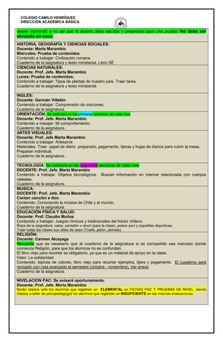 COLEGIO CAMILO HENRÍQUEZ
DIRECCIÓN ACADÉMICA BÁSICA
clases (opcional) a no ser que el alumno deba estudiar y prepararse para una prueba. No debe ser
olvidado en casa.
HISTORIA, GEOGRAFÍA Y CIENCIAS SOCIALES:
Docente: Marta Marambio
Miércoles: Prueba de contenidos
Contenido a trabajar: Civilización romana
Cuaderno de la asignatura y texto ministerial. Libro SÉ
CIENCIAS NATURALES:
Docente: Prof. Jefe. Marta Marambio
Lunes: Prueba de contenidos.
Contenido a trabajar: Tipos de plantas de nuestro país. Traer tarea.
Cuaderno de la asignatura y texto ministerial.
INGLÉS:
Docente: Germán Villalón
Contenido a trabajar: Comprensión de oraciones.
Cuaderno de la asignatura.
ORIENTACIÓN: Se realizará en las primeras semanas de cada mes
Docente: Prof. Jefe. Marta Marambio
Contenido a trabajar: Mi comportamiento.
Cuaderno de la asignatura.
ARTES VISUALES:
Docente: Prof. Jefe Marta Marambio
Contenido a trabajar: Artesanía
Materiales: Traer papel de diario preparado, pegamento, tijeras y hojas de diarios para cubrir la mesa.
Preparan individual.
Cuaderno de la asignatura.
TECNOLOGÍA: Se realizará en las segundas semanas de cada mes
DOCENTE: Prof. Jefe. Marta Marambio
Contenido a trabajar: Objetos tecnológicos. Buscan información en internet relacionada con cuerpos
celestes.
Cuaderno de la asignatura.
MUSICA:
DOCENTE: Prof. Jefe. Marta Marambio
Cantan canción a dúo.
Contenido: Conociendo la música de Chile y el mundo.
Cuaderno de la asignatura.
EDUCACIÓN FÍSICA Y SALUD:
Docente: Prof. Claudio Muñoz
Contenido a trabajar: Juegos rítmicos y tradicionales del folclor chileno.
Ropa de la asignatura: calza, pantalón o short (para la clase), polera azul y zapatillas deportivas.
Traer todas las clases sus útiles de aseo (Toalla, jabón, peineta).
RELIGIÓN:
Docente: Carmen Alcayaga
Recuerde que es necesario que el cuaderno de la asignatura si es compartido sea marcado donde
comienza Religión, para que los alumnos no se confundan.
El libro viejo para recortar es obligatorio, ya que es un material de apoyo en la clase.
Valor: La solidaridad.
Contenido: lápices de colores, libro viejo para recortar ejemplos, tijera y pegamento. El cuaderno será
revisado con nota avanzado el semestre (octubre - noviembre). Ver anexo
Cuaderno de la asignatura.
NIVELACION PAC: Se avisará oportunamente.
Docente: Prof. Jefe. Marta Marambio
Serán citados solo los alumnos que registran un ELEMENTAL en FICHAS PAC Y PRUEBAS DE NIVEL, siendo
citados a taller de psicopedagogía los alumnos que registran un INSUFICIENTE en las mismas evaluaciones.
 