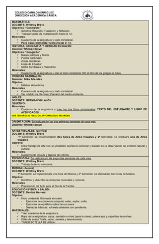 COLEGIO CAMILO HENRÍQUEZ
DIRECCIÓN ACADÉMICA BÁSICA
MATEMÁTICA:
DOCENTE: Whitney Bravo
Objetivos: “Geometría”
 Simetría, Rotación, Traslación y Reflexión.
 Trabajar tablas de multiplicación hasta el 12.
Materiales:
 Cuaderno de la asignatura y texto ministerial.
 Para Casa: Memorizar tablas hasta el 12.
HISTORIA, GEOGRAFÍA Y CIENCIAS SOCIALES:
Docente: Whitney Bravo
Objetivos: “Geografía”
 Mapas políticos y físicos
 Puntos cardinales
 Zonas climáticas
 Línea de Ecuador
 Globo Terráqueo y Planisferio
Materiales:
 Cuaderno de la asignatura y solo el texto ministerial, NO el libro de los griegos ni Atlas.
CIENCIAS NATURALES:
Docente: Erika Allendes
Objetivo:
 Hábitos alimenticios
Materiales:
 Cuaderno de la asignatura y texto ministerial.
 Ver módulo de Ciencias: Cuidado del medio ambiente.
INGLÉS:
DOCENTE: GERMÁN VILLALÓN
OBJETIVO:
Materiales:
 Cuaderno de la asignatura y traer los dos libros ministeriales: TEXTO DEL ESTUDIANTE Y LIBRO DE
ACTIVIDADES.
VER TEMARIO AL FINAL DEL INFORMATIVO EN ANEXO
ORIENTACIÓN: Se realizara en las dos primeras semanas de cada mes
Docente: Whitney Bravo
ARTES VISUALES: (Viernes)
DOCENTE: Whitney Bravo
1º Semestre: se implementaran dos horas de Artes Visuales y 2º Semestre: se efectuara una de Artes
Visuales
Objetivo:
 Crear trabajo de arte con un propósito expresivo personal y basado en la observación del entorno natural y
cultural.
Materiales:
 Cuaderno de croquis y lápices de colores.
TECNOLOGÍA: Se realizara en las segundas semanas de cada mes
DOCENTE: Whitney Bravo
 Trabajo de texto ministerial.
MUSICA: (Jueves)
DOCENTE: Whitney Bravo
1º Semestre: se implementara una hora de Música y 2º Semestre: se efectuaran dos horas de Música
Objetivo:
 Identificar y describir experiencias musicales y sonoras.
Materiales:
 Preparación del Acto para el Día de la Familia.
EDUCACIÓN FÍSICA Y SALUD:
DOCENTE: Danitza Herrera
Objetivo:
 Inicio unidad de Gimnasia en suelo:
- Ejercicios de conciencia corporal: rodar, reptar, ovillo.
- Ejercicios de equilibrio sobre banca sueca
- Destrezas básicas: voltereta adelante con pendiente.
MATERIALES:
 Traer cuaderno de la asignatura.
 Ropa de la asignatura: calza, pantalón o short (para la clase), polera azul y zapatillas deportivas.
 Útiles de aseo (Toalla, jabón, peineta y desodorante).
 TRAER BOTELLA DE AGUA.
 