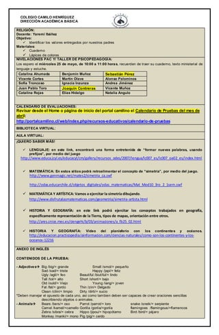 COLEGIO CAMILO HENRÍQUEZ
DIRECCIÓN ACADÉMICA BÁSICA
RELIGIÓN:
Docente: Yaremi Ibáñez
Objetivo:
 Identificar los valores entregados por nuestros padres
Materiales:
 Cuaderno
 Lápices de colores
NIVELACIONES PAC Y/ TALLER DE PSICOPEDAGOGÍA:
Los espero el miércoles 25 de mayo, de 10:00 a 11:00 horas, recuerden de traer su cuaderno, texto ministerial de
lenguaje y estuche.
Catalina Ahumada Benjamín Muñoz Sebastián Pérez
Vicente Cortes Martin Olave Alonso Palominos
Sofia Troncoso Ignacia Inzunza Andrea Jiménez
Juan Pablo Toro Joaquín Contreras Vicente Muñoz
Catalina Rojas Elías Hidalgo Natalia Angulo
CALENDARIO DE EVALUACIONES:
Revisar desde el Home o página de inicio del portal camilino el Calendario de Pruebas del mes de
abril:
http://portalcamilino.cl/web/index.php/recursos-educativos/calendario-de-pruebas
BIBLIOTECA VIRTUAL:
AULA VIRTUAL:
¡QUIERO SABER MÁS!
 LENGUAJE: en este link, encontrará una forma entretenida de “formar nuevas palabras, usando
prefijos”, por medio del juego
http://www.educa.jcyl.es/educacyl/cm/gallery/recursos_odes/2007/lengua/lc007_es/lc007_oa02_es/index.html
 MATEMÁTICA: En estos sitios podrá retroalimentar el concepto de “simetría”, por medio del juego.
http://www.genmagic.net/mates2/simetria_ca.swf
http://odas.educarchile.cl/objetos_digitales/odas_matematicas/Mat_Mod10_3ro_2_1sem.swf
 MATEMÁTICA Y ARTÍSTICA: Vamos a ejercitar la simetría dibujando.
http://www.disfrutalasmatematicas.com/geometria/simetria-artista.html
 HISTORIA Y GEOGRAFÍA: en este link podrá ejercitar los conceptos trabajados en geografía,
específicamente representación de la Tierra, tipos de mapas, orientación entre otros.
http://ares.cnice.mec.es/ciengehi/b/03/animaciones/a_fb25_02.html
 HISTORIA Y GEOGRAFÍA: Video del planisferio con los continentes y océanos.
http://educacion.practicopedia.lainformacion.com/ciencias-naturales/como-son-los-continentes-y-los-
oceanos-12216
ANEXO DE INGLÉS
CONTENIDOS DE LA PRUEBA:
- Adjectives Big /big/= grande Small /smol/= pequeño
Sad /sad/= triste Happy /japi/= feliz
Ugly /agli/= feo Beautiful /biutiful/= lindo
Tall /tol/= alto Short /short/= bajo
Old /ould/= Viejo Young /iang/= joven
Fat /fat/= gordo Thin /zin/= Delgado
Clean /cliin/= limpio Dirty /dirti/= sucio
*Deben manejar el opuesto de cada uno, así como tambien deben ser capaces de crear oraciones sencillas
describiendo objetos o animales.
- Animals Bears /bers/= oso Parrot /parrot/= loro snake /sneik/= serpiente
Camel /kamel/=camello Gorilla /gorila/=gorila flamingoes /flamingous/=flamencos
Zebra /sibra/= cebra Hippo /jipou/= hipopótamo Bird /bird/= pájaro
Monkey /manki/= mono Pig /pig/= cerdo
 