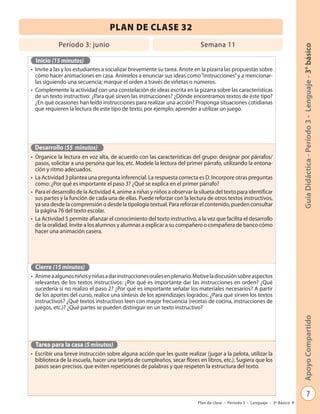 PLAN DE CLASE 32
            Período 3: junio                                                 Semana 11




                                                                                                                               Guía Didáctica - Período 3 - Lenguaje - 3° básico
  Inicio (15 minutos)
• Invite a las y los estudiantes a socializar brevemente su tarea. Anote en la pizarra las propuestas sobre
  cómo hacer animaciones en casa. Anímelos a enunciar sus ideas como “instrucciones” y a mencionar-
  las siguiendo una secuencia; marque el orden a través de viñetas o números.
• Complemente la actividad con una constelación de ideas escrita en la pizarra sobre las características
  de un texto instructivo: ¿Para qué sirven las instrucciones? ¿Dónde encontramos textos de este tipo?
  ¿En qué ocasiones han leído instrucciones para realizar una acción? Proponga situaciones cotidianas
  que requieren la lectura de este tipo de texto, por ejemplo, aprender a utilizar un juego.




 Desarrollo (55 minutos)
• Organice la lectura en voz alta, de acuerdo con las características del grupo: designar por párrafos/
  pasos, solicitar a una persona que lea, etc. Modele la lectura del primer párrafo, utilizando la entona-
  ción y ritmo adecuados.
• La Actividad 3 plantea una pregunta inferencial. La respuesta correcta es D. Incorpore otras preguntas
  como: ¿Por qué es importante el paso 3? ¿Qué se explica en el primer párrafo?
• Para el desarrollo de la Actividad 4, anime a niñas y niños a observar la silueta del texto para identificar
  sus partes y la función de cada una de ellas. Puede reforzar con la lectura de otros textos instructivos,
  ya sea desde la comprensión o desde la tipología textual. Para reforzar el contenido, pueden consultar
  la página 76 del texto escolar.
• La Actividad 5 permite afianzar el conocimiento del texto instructivo, a la vez que facilita el desarrollo
  de la oralidad. Invite a los alumnos y alumnas a explicar a su compañero o compañera de banco cómo
  hacer una animación casera.




 Cierre (15 minutos)
• Anime a algunos niños y niñas a dar instrucciones orales en plenario. Motive la discusión sobre aspectos
  relevantes de los textos instructivos: ¿Por qué es importante dar las instrucciones en orden? ¿Qué
  sucedería si no realizo el paso 2? ¿Por qué es importante señalar los materiales necesarios? A partir
  de los aportes del curso, realice una síntesis de los aprendizajes logrados: ¿Para qué sirven los textos
  instructivos? ¿Qué textos instructivos leen con mayor frecuencia (recetas de cocina, instrucciones de
  juegos, etc.)? ¿Qué partes se pueden distinguir en un texto instructivo?                                                     Apoyo Compartido



  Tarea para la casa (5 minutos)
• Escribir una breve instrucción sobre alguna acción que les guste realizar (jugar a la pelota, utilizar la
  biblioteca de la escuela, hacer una tarjeta de cumpleaños, secar flores en libros, etc.). Sugiera que los
  pasos sean precisos, que eviten repeticiones de palabras y que respeten la estructura del texto.



                                                                                                                                                7
                                                                            Plan de clase - Período 3 - Lenguaje - 3º Básico
 