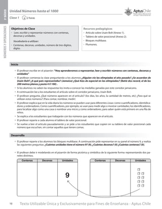Texto Utilizable Única y Exclusivamente para Fines de Enseñanza - Aptus Chile10
Unidad Números hasta el 1000
NÚMEROSYOPERACIONES3ºBÁSICO
2 horas‹Clase 1
Objetivos de Clase
űű Leer, escribir y representar números con centenas,
decenas y unidades.
Vocabulario a utilizar:
űű Centenas, decenas, unidades, número de tres dígitos,
dígito.
Recursos pedagógicos
űű Artículo sobre Usain Bolt (Anexo 1).
űű Tablero de valor posicional (Anexo 2).
űű Bloques multibase.
űű Plumones.
Inicio
•	 El profesor escribe en el pizarrón :”Hoy aprenderemos a representar, leer y escribir números con centenas, decenas y
unidades”
•	 El profesor comienza la clase preguntando a los alumnos ¿Alguien vio las olimpíadas el año pasado? ¿Se acuerdan de
Usain Bolt? ¿A qué país representaba? (Jamaica) ¿Qué hizo de especial en las olimpíadas? (Batió dos record, el de los
200 metros planos y posta 4 X 100) .
•	 Si los alumnos no saben las respuestas los invita a conocer las medallas ganadas por este corredor jamaicano.
•	 A continuación lee a los estudiantes el artículo sobre el corredor jamaicano, Usain Bolt.
•	 El profesor pregunta ¿Qué números aparecen en el artículo? (los días, los años, la cantidad de metros, etc) ¿Para qué se
utilizan estos números? (Para contar, nombrar, medir)
•	 El profesor explica que en la vida diaria los números se pueden usar para diferentes cosas: como cuantificadores, identidica-
dores y ordenadores. Como cuantificadores, por ejemplo, se usan para medir algo o mostrar cantidades; los identificadores,
para localizar algo como una casa o nombrar una micro y como ordenadores, para saber quién está primero en una fila de
niños.
•	 Se explica a los estudiantes que trabajarán con los números que aparecen en el artículo.
•	 El profesor reparte a cada alumno el tablero de valor posicional.
•	 Se vuelve a leer el artículo pausadamente y se pide a los estudiantes que copien en su tablero de valor posicional cada
número que escuchan, sin contar aquellos que tienen comas.
•	 El profesor reparte a los alumnos los bloques multibase. A continuación pide representar en su panel el número 9, y realiza
las siguientes preguntas: ¿Cuántas unidades tiene el número 9? (9), ¿Cuántas decenas? (0) ¿Cuántas centenas? (0).
•	 El profesor debe ir modelando en el pizarrón de forma pictórica y simbólica de la siguiente forma: representando dos pa-
neles distintos.
Desarrollo
9
 