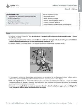 Texto Utilizable Única y Exclusivamente para Fines de Enseñanza - Aptus Chile 13
Unidad Números hasta el 1000
NÚMEROSYOPERACIONES3ºBÁSICO
2 horas‹Clase 2
Objetivos de Clase
űű Componer y descomponer números según el valor,
nombre de la posición.
Vocabulario a utilizar:
űű Dígito, descomposición de un número
Recursos pedagógicos
űű Bloques multibase.
űű Panel de valor posicional.
űű Lámina de hombre árabe (Anexo 3).
űű Tarjetas canónicas (Anexo 4).
űű Juego Memorice (confeccionado por el profesor).
Inicio
•	 El profesor escribe en el pizarrón: “Hoy aprenderemos a componer y descomponer números según el valor y el nom-
bre de la posición”.
•	 Luego pregunta: ¿Cómo creen ustedes que contaban los hombres en la antigüedad? ¿Qué usaban para contar? (Varias
respuestas: dedos, piedras, marcas en los árboles, nudos en una cuerda, etc.).
•	 El profesor muestra al curso una lámina y los alumnos nombran los números que reconocen en ella.
•	 A continuación, explica a los alumnos que nuestro sistema de numeración fue construido por los indo- arábigos quienes
utilizaron los números del 0 al 9 para formar distintos números. Estos números se llaman dígitos.
•	 Nota para el profesor: Se les llama “ indo-arábigos” porque los árabes los introdujeron en Europa aunque, en realidad,
su invención surgió en la India. El mundo le debe a la cultura india el invento trascendental del sistema de numeración
posicional, así como el descubrimiento del 0.
•	 El profesor pregunta: ¿De dónde creen ustedes que viene el nombre dígito? ( de los dedos ) y por qué serán 10 dígitos? ( 0
al 9)( porque son 10 dedos, tanto de las manos como de los pies).
 