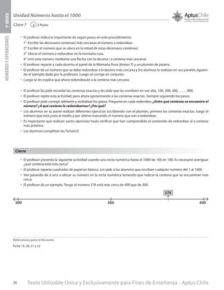 Texto Utilizable Única y Exclusivamente para Fines de Enseñanza - Aptus Chile26
Unidad Números hasta el 1000
NÚMEROSYOPERACIONES3ºBÁSICO
2 horas‹
•	 El profesor indica lo importante de seguir pasos en este procedimiento:
1°	Escribir las decenas(o centenas) más cercanas al número a redondear.
2°	Escribir el número que se ubica en la mitad de estas decenas(o centenas).
3°	Ubicar el número a redondear en la montaña rusa.
4°	Unir este número mediante una flecha con la decena ( o centena más cercana).
•	 El profesor reparte a cada alumno el panel de la Montaña Rusa (Anexo 7) y un plumón de pizarra.
•	 El profesor da un número que se debe redondear a la decena más cercana y los alumnos lo realizan en sus paneles siguien-
do el ejemplo dado por la profesora. Luego se corrige en conjunto.
•	 Luego se les explica que ahora redondearán a la centena más cercana.
•	 El profesor les pide recordar las centenas exactas y les pide que las nombren en voz alta, 100, 200, 300, …….900.
•	 El profesor repite esta actividad, pero ahora aproximando a las centenas exactas. Siempre siguiendo los pasos.
•	 El profesor pide corregir adelante y verbalizar los pasos. Pregunta en cada redondeo: ¿Entre qué centenas se encuentra el
número? ¿A qué centena lo redondeamos? ¿Por qué?
•	 Los alumnos en su panel realizan diferentes ejercicios escribiendo con el plumón, primero las centenas exactas, luego el
número que está justo al medio y por último marcando el número que van a redondear.
•	 Es importante que realicen varios ejercicios hasta verificar que han comprendido el contenido de redondear al a centena
más próxima.
•	 Los alumnos completan las Fichas(3)
Clase 7
•	 El profesor presenta la siguiente actividad usando una recta numérica hasta el 1000 de 100 en 100. Es necesario averiguar
¿qué centena está más cerca?
•	 El profesor reparte cuadrados de papel en blanco. Les pide a los alumnos que escriban cualquier número del 1 al 1000.
•	 Van pasando de a uno a ubicar su número en la recta numérica teniendo que indicar la centena que se encuentran más
cerca.
•	 El profesor da un ejemplo, Tengo el número 378 está más cerca de 400 que de 300.
Cierre
300
378
350 400
Referencias para el docente:
Ficha 19, 20, 21 y 22
 