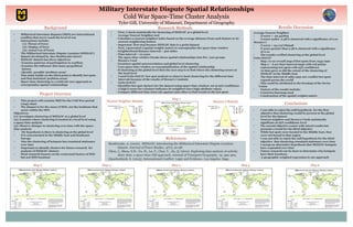 Military Interstate Dispute Spatial Relationships
Cold War Space-Time Cluster Analysis
Tyler Gill, University of Missouri, Department of Geography
Background
Average Nearest Neighbor
• Z-score = -52.451803
• Z-score under -2.58 is clustered with a significates of 0.01
Moran’s I
• Z-score = 23.1137789948
• Z-score greater than 2.58 is clustered with a significates
of 0.01
• The results verified clustering at the global level
Getis-Ord Gi*
• Map 1 is an overall map of hot spots from 1945-1992
• Map 2 – 6 are time interval maps with red points
representing hot spots with 95% confidence
• As time grew so did the extent of the clustering of
MIDLOC in the Middle East
• The time interval of 1985-1992 saw conflict hot spots
expand across the world
- This could be attributed to the breakup of the Soviet
Union
• Factors of the results include:
- Countries basemap used
- Construction of the spatial weights matrix
Project Overview
• This project will examine MID for the Cold War period
(1945-1992)
• The dataset is for the onset of MID, not the incidents that
occur within the MID
Objectives:
(1): Investigate clustering of MIDLOC at a global level
(2): Examine where clustering is located at a local level using
a space-time analysis
(3): Observe changes in clustering over time with the space-
time analysis
• My hypothesis is there is clustering at the global level
• It is concentrated in the Middle East and Southeast
Europe
• Also the clustering of hotspots has remained stationary
over time
• Important to identify clusters for future research for
analysis of MIDLOC clusters
• Most research focuses on the contextual factors of MID
but not MID locations
• First, I check statistically for clustering of MIDLOC at a global level
• Average Nearest Neighbor tool
- Calculates a nearest neighbor index based on the average distance from each feature to its
nearest neighboring feature
- Important first step because MIDLOC data is a point dataset
• Next, I generated a spatial weights matrix to conceptualize the space-time window
- Neighborhood distance interval = 400 miles
- Time interval = 10 years
• The space-time window breaks down spatial relationships into five year groups
• Moran’s I tool
- Examines spatial autocorrelation and global level clustering
- Uses space-time window as conceptualization of the spatial relationship
- If clustering at the global level then the next step is to find where the clustering occurs at
the local level
• I used Getis-Ord Gi* hot spot analysis to observe local clustering for the different time
intervals because of the results of Moran’s I statistic
• Getis-Ord Gi*
- Identifies hot spot clusters for the dataset using space-time window; set at 95% confidence
- A high Z-score for a feature indicates its neighbors have high attribute values
- Compare different time-intervals against each other to find trends in the hot spots
• Militarized interstate disputes (MID) are international
conflicts that never reach the level of war
• Interactions include:
(1): Threat of Force
(2): Display of force
(3): Actual Use of Force
• The Militarized Interstate Dispute Location (MIDLOC)
dataset developed by Alex Braithwaite (2010)
• MIDLOC dataset has three objectives
- Examine patterns of participation in conflicts
- Examine the influence that many geopolitical
factors
- Identify possible ‘problem-areas’
• This study builds on the third point to identify hot spots
and find statistical ‘problem-areas’
• Space-time clustering is a relatively new approach to
conceptualize spatial relationships
• I was able to reject the null hypothesis for the first
objective that clustering would be present at the global
level for the dataset
• Nearest neighbor and Moran’s I both statistically
significate at 99% confidence level
• The second objective comes with mixed results but
presents a trend for the third objective
• While hot spots were located in the Middle East, they
were not bound to that region
• I was not able to reject the null hypothesis for the third
objective that clustering remained stationary over time
• I accept an alternative hypothesis that MIDLOC hotspots
have expanded over time
• Future research can be done to determine why hotspots
have their locations
- A geographic weighted regression is one approach
Research Methods Results Discussion
Braithwaite, A. (2010). MIDLOC: Introducing the Militarized Interstate Dispute Location
dataset. Journal of Peace Studies. 47(1), 91-98.
Chen, J., Shaw, S.H., Yu, H., Lu, F., Chai, Y., Jia, Q. (2011). Exploring data analysis of activity
diary data: a space-time GIS approach. Journal of Transport Geography. 19, 394-404.
Quackenbush, S. (2015). International Conflict: Logic and Evidence. Los Angeles: Sage.
References
Conclusions
Map 2 Map 3 Map 4 Map 5 Map 6
Nearest Neighbor Statistic Moran’s I Statistic
Map 1
 