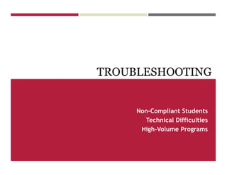 TROUBLESHOOTING
Non-Compliant Students
Technical Difficulties
High-Volume Programs
 