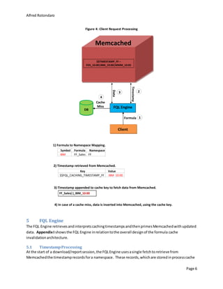 Alfred Rotondaro
Page 6
Figure 4: Client Request Processing
4) In case of a cache miss, data is inserted into Memcached, using the cache key.
Memcached
FQL Engine
Client
Cache
Miss
Formula
DB
Data
1
Timestamp
3 2
$$TIMESTAMP_FF –
FDS_10:00|IBM_10:00|MMM_10:05
4
1) Formula to Namespace Mapping.
Symbol Formula Namespace
IBM FF_Sales FF
Key Value
$$FQL_CACHING_TIMESTAMP_FF IBM 10:00
FF_Sales( )_IBM_10:00
2) Timestamp retrieved from Memcached.
3) Timestamp appended to cache key to fetch data from Memcached.
5 FQL Engine
The FQL Engine retrievesandinterpretscachingtimestampsandthenprimesMemcachedwithupdated
data. AppendixI showsthe FQL Engine inrelationtothe overall designof the formula cache
invalidationarchitecture.
5.1 TimestampProcessing
At the start of a download/reportsession,the FQLEngine usesasingle fetchtoretrieve from
Memcachedthe timestamprecordsfora namespace. These records,whichare storedinprocesscache
 