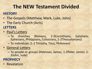 The NEW Testament Divided
HISTORY
• The Gospels (Matthew, Mark, Luke, John)
• The Early Church (Acts)
LETTERS
• Paul’s Letters
– To churches (Romans, 1-2Corinthians, Galatians,
Ephesians, Philippians, Colossians, 1-2Thessalonians)
– To individuals (1-2 Timothy, Titus, Philemon)
• General Letters
– To people or groups (Hebrews, James, 1-2Peter, James, 1-
3John, Jude)
PROPHECY
• Revelation
 
