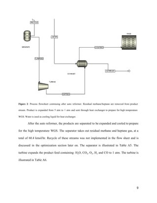  
Figure 2​: Process flowsheet continuing after auto reformer. Residual methane/heptane are removed from product                           
stream. Product is expanded from 5 atm to 1 atm and sent through heat exchanger to prepare for high temperature                                       
WGS. Water is used as cooling liquid for heat exchanger.  
After the auto reformer, the products are separated to be expanded and cooled to prepare                             
for the high temperature WGS. The separator takes out residual methane and heptane gas, at a                               
total of 60.4 kmol/hr. Recycle of these streams was not implemented in the flow sheet and is                                 
discussed in the optimization section later on. The separator is illustrated in Table A5. The                             
turbine expands the product feed containing: H​2​O, CO​2​, O​2​, H​2 and CO to 1 atm. The turbine is                                   
illustrated in Table A6. 
9 
 