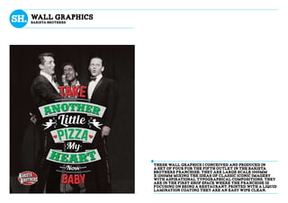 wall graphics
BaRISTA bROTHERS
These wall graphics I conceived and produced in
a set of four for the fifth outlet in the Barista
brothers franchise. They are large scale 1000mm
x 1200mm mixing the ideas of classic iconic imagery
with aspirational typographical compositions. They
are in the first shop space where the franchise is
focusing on being a restaurant. Printed with a liquid
lamination coating they are an easy wipe clean.
 