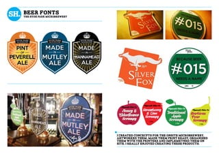 I created concecpts for the onsite microbrewery,
artworked them, made them print ready, organised
them with the printers and implemetned them on
site. i really enjoyed creating these products.
Beer Fonts
the Hyde Park Microbrewery
MANNAMEADMANNAMEAD
 