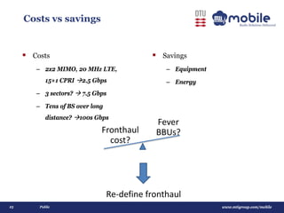 www.mtigroup.com/mobile23 Public
 Costs
– 2x2 MIMO, 20 MHz LTE,
15+1 CPRI 2.5 Gbps
– 3 sectors?  7.5 Gbps
– Tens of BS over long
distance? 100s Gbps
Costs vs savings
Fever
BBUs?Fronthaul
cost?
 Savings
– Equipment
– Energy
Re-define fronthaul
 