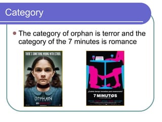 Category  The category of orphan is terror and the category of the 7 minutes is romance  