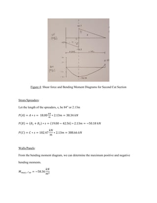 Figure 4: Shear force and Bending Moment Diagrams for Second Cut Section
Struts/Spreaders:
Let the length of the spreaders, s, be 84” or 2.13m
𝑃(𝐴) = 𝐴 ∗ 𝑠 = 18.00
𝑘𝑁
𝑚
∗ 2.13𝑚 = 38.34 𝑘𝑁
𝑃(𝐵) = (𝐵1 + 𝐵2) ∗ 𝑠 = (19.00 − 42.56) ∗ 2.13𝑚 = −50.18 𝑘𝑁
𝑃(𝐶) = 𝐶 ∗ 𝑠 = 182.47
𝑘𝑁
𝑚
∗ 2.13𝑚 = 388.66 𝑘𝑁
Walls/Panels:
From the bending moment diagram, we can determine the maximum positive and negative
bending moments.
𝑀 𝑚𝑎𝑥,−′ 𝑣𝑒 = −58.36
𝑘𝑁
𝑚2
 