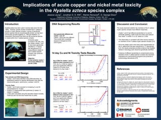 00000
Implications of acute copper and nickel metal toxicity
in the Hyalella azteca species complex
Jessica Leung1, Jonathan D. S. Witt1, Warren Norwood2, D. George Dixon1
1Department of Biology, University of Waterloo, Waterloo, Ontario N2L 3G1
2Aquatic Contaminants Research Division, Environment Canada, Burlington, Ontario L7R 4A6
Introduction
Hyalella azteca has been used in toxicity tests since the mid-
1980s. However, genetic studies revealed that H. azteca is
actually a cryptic species complex, a group of genetically
distinct species that are morphologically similar, but has been
erroneously grouped together [1]. Witt and Wellborn, (in
preparation) discovered that there are 86 provisional species
or clades within the H. azteca species complex.
Experimental Design
Test animals and DNA Sequencing
• Clades 1 and 8 were identified using DNA barcoding: an
established method for species identification that uses the
mitochondrial gene, cytochrome c oxidase I (mtCOI)
Toxicity Tests
• Clades 1 and 8 were exposed to increasing Cu and Ni
concentrations for 14 days
• A total of 12 experiments were performed (2 clades×2
metals×3 repeats)
• LC50s were calculated using the saturation-based mortality
model [4] (see red and blue model lines on plots)
Clade
Ni LC50
(nmol/L)
± r2
1 (o) 1980c 493 0.84
8 (×) 3550d 626 0.87
References
[1] Witt J, Hebert P. 2000. Cryptic species diversity and evolution in the amphipod genus
Hyalella within central glaciated North America: a molecular phylogenetic approach. Can J
Fish Aquat Sci 57:687-698.
[2] Major K, Soucek D, Giordano R, Wetzel M, Soto-Adames F. 2013. The common
ecotoxicology laboratory strain of Hyalella azteca is genetically distinct from most wild
strains sampled in eastern North America. Environmental Toxicology and Chemistry
32:2637-2647.
[3] Weston DP, Poynton HC, Wellborn GA, Lydy MJ, Blalock BJ, Sepulveda MS, Colbourne
JK. 2013. Multiple origins of pyrethroid insecticide resistance across the species complex of
a nontarget aquatic crustacean, Hyalella azteca. Proc Natl Acad Sci USA 110:16532-16537.
[4] Norwood WP, Borgmann U, Dixon DG. 2007. Chronic toxicity of arsenic, cobalt,
chromium and manganese to Hyalella azteca in relation to exposure and bioaccumulation.
Environmental Pollution 147:262-272.
[5] Soucek DJ, Dickinson A, Major KM, McEwen AR. 2013. Effect of test duration and
feeding on relative sensitivity of genetically distinct clades of Hyalella azteca. Ecotoxicology
22:1359-1366.
Are LC50s for clades 1 and 8
different when exposed to Ni?
YES, the Ni LC50s for clades 1
and 8 are significantly different.
Clade 8 is 1.8 times more
tolerant to Ni than clade 1.
Discussion and Conclusion
This study examined whether two members of the H. azteca
cryptic species complex have different responses.
• Clades 1 and 8 had different sensitivities to Cu and Ni.
Generally speaking, clade 8 was two times more tolerant
than clade 1 to either Cu or Ni, based on LC50s
• This observation is consistent with other toxicity research
on members of the H. azteca cryptic species complex [3,5]
• Since the clades used in this study were representative of
the H. azteca that had been sequenced in 17 laboratories
[2,3], the results presented provides evidence that Hyalella
utilized in toxicology work should be genetically identified
• Evidence of different sensitivities to contaminants among
members of the H. azteca species complex has important
implications for biomonitoring programs and protocols in
ecotoxicology laboratories [3,5]
Clade 6
Clade 3
Of the 86 clades
surveyed in the wild, only
two clades (clades 1 and
8) have been genetically
identified in 17 toxicity
test laboratories [2,3].
Using different clades of
the H. azteca species
complex may confound
toxicity tests.
Objective
To test whether clades 1
and 8 have different Cu
and Ni LC50s
Experimental vessels in toxicity tests
Cu
Ni
Are LC50s for clades 1 and 8
different when exposed to Cu?
YES, the Cu LC50s for clades 1
and 8 are significantly different.
Clade 8 is 2.6 times more
tolerant to Cu than clade 1.
Clade
Cu LC50
(nmol/L) ± r2
1 (o) 491a 68.3 0.90
8 (×) 1260b 262 0.70
Ni in Solution (nmol/L)
MortalityRate0.25
1-8
1-9
1-7
1-2
1-3
1-4
1-5
1-6
1-1
8-5
8-3
8-4
8-6
8-2
8-1
Mesohyalella
100
100
100
0.02
Clade 1
Clade 8
DNA Sequencing Results
How genetically different are
clades 1 and 8?
Clades 1 and 8 are very different.
They exhibit 26% nucleotide
sequence divergence at the
mtCOI gene
10 100 1000 10000
0.0
0.5
1.0
1.5
10 100 1000 10000
0.0
0.5
1.0
1.5
14 day Cu and Ni Toxicity Tests Results
Acknowledgments
10 100 1000
Cu in Solution (nmol/L)
0.0
0.5
1.0
1.5
10 100 1000
0.0
0.5
1.0
1.5
MortalityRate0.25
 