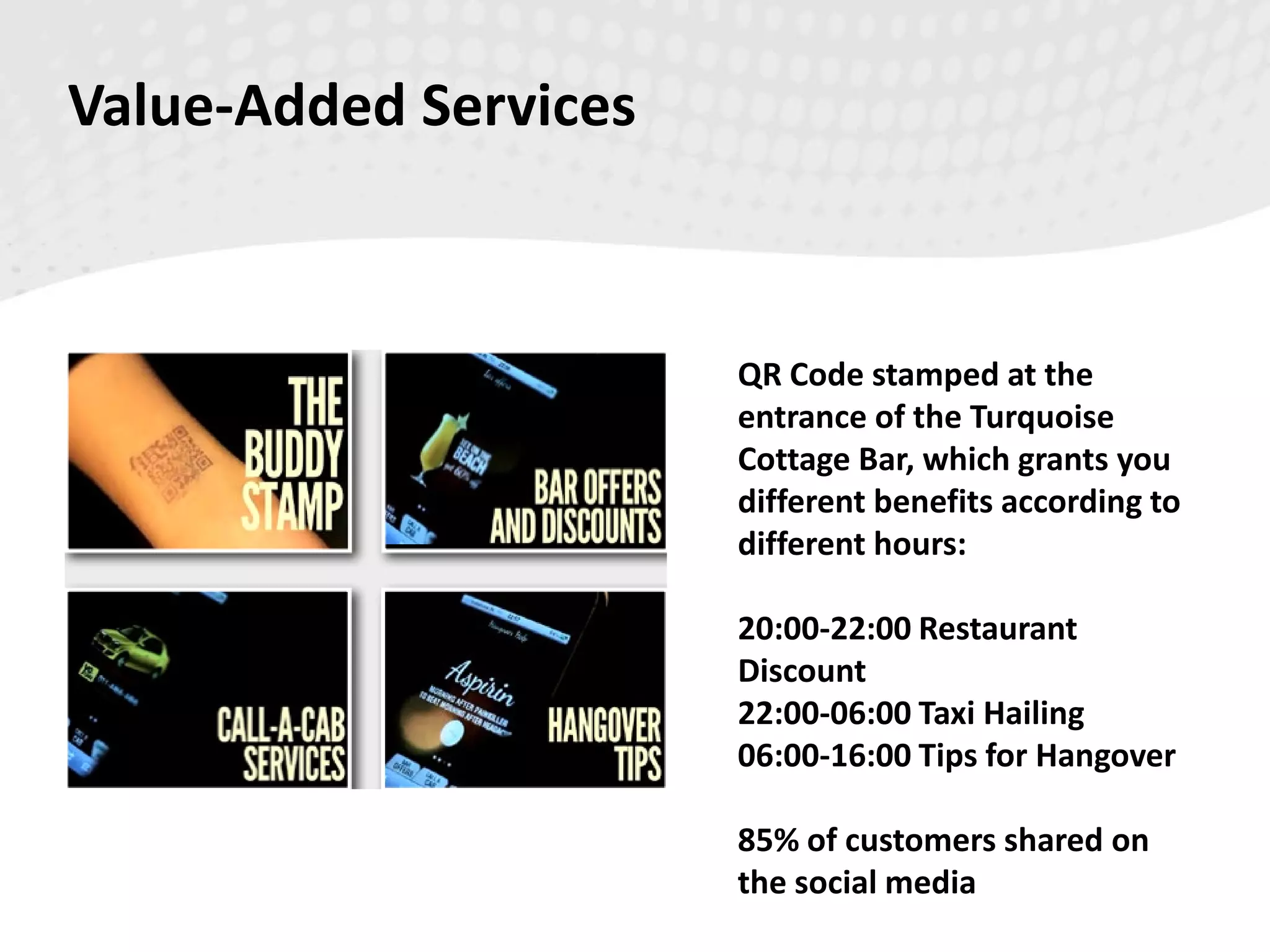 Value-Added Services
QR Code stamped at the
entrance of the Turquoise
Cottage Bar, which grants you
different benefits according to
different hours:
20:00-22:00 Restaurant
Discount
22:00-06:00 Taxi Hailing
06:00-16:00 Tips for Hangover
85% of customers shared on
the social media
 