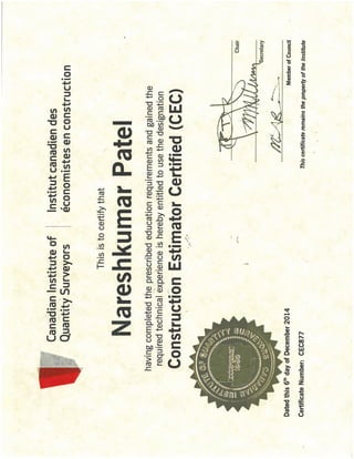 Construction Estimator Certified certificate