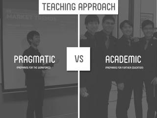 teaching approach




pragmatic                       vs   academic
(preparing for the workforce)        (preparing for fu...