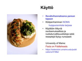 Käyttö
• Kevätvihanneksena parsan
tapaan
• Kööpenhaminan NOMA
huippuravintola tarjoaa
• Käyttöön liittyviä
ravitsemuksellisia ja
ruokaturvallisuustietoja sekä
reseptejä löytyy runsaasti:
University of Maine:
Facts on Fiddleheads
• https://extension.umaine.edu/publi
cations/4198e/
 