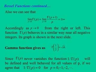 Bessel Functions continued…
Also we can see that
Accordingly as from the right or left. This
function behaves in a similar way near all negative
integers. Its graph is shown in the next slide.
Gamma function gives us
Since never vanishes the function will
be defined and well behaved for all values of p, if we
agree that .
±∞=
+Γ
=Γ
→→ p
p
p
pp
)1(
lim)(lim
00
0→p
)( pΓ
.
2
1
π=





Γ
)( pΓ )(/1 pΓ
,2,1,0for0)(/1 −−==Γ pp
 