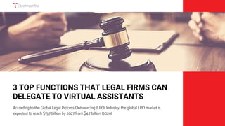 3 TOP FUNCTIONS THAT LEGAL FIRMS CAN
DELEGATE TO VIRTUAL ASSISTANTS
According to the Global Legal Process Outsourcing (LPO) Industry, the global LPO market is
expected to reach $15.7 billion by 2027 from $4.7 billion (2020)
 