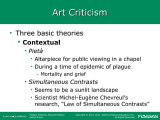 Prebles' Artforms, Eleventh Edition
Patrick Frank
Copyright © 2014, 2011, 2009 by Pearson Education, Inc.
All Rights Reserved
Art CriticismArt Criticism
• Three basic theories
 Contextual
• Pietà
• Altarpiece for public viewing in a chapel
• During a time of epidemic of plague
- Mortality and grief
• Simultaneous Contrasts
• Seems to be a sunlit landscape
• Scientist Michel-Eugène Chevreul’s
research, “Law of Simultaneous Contrasts”
 