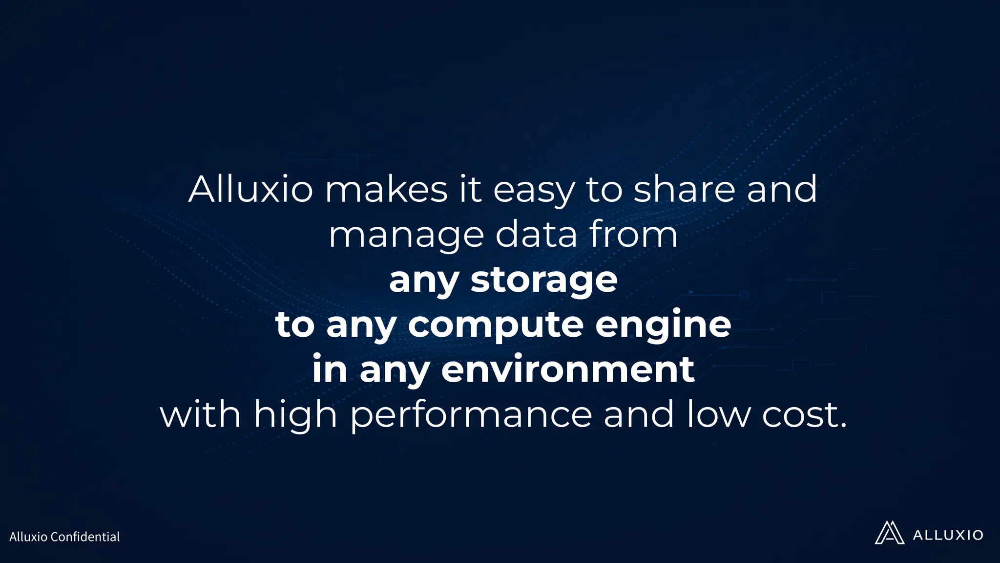 Alluxio Confidential
Alluxio makes it easy to share and
manage data from
any storage
to any compute engine
in any environment
with high performance and low cost.
 