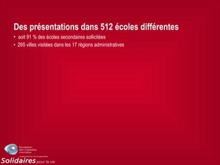 Des présentations dans 512 écoles différentes
• soit 91 % des écoles secondaires sollicitées
• 265 villes visitées dans les 17 régions administratives
 