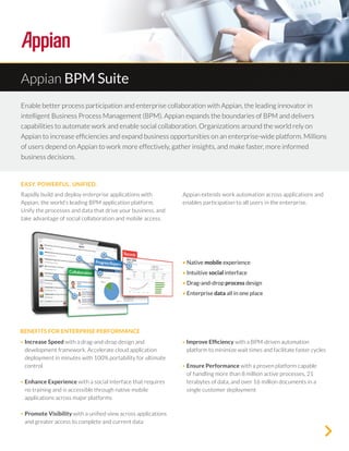 Appian BPM Suite
Enable better process participation and enterprise collaboration with Appian, the leading innovator in
intelligent Business Process Management (BPM). Appian expands the boundaries of BPM and delivers
capabilities to automate work and enable social collaboration. Organizations around the world rely on
Appian to increase efficiencies and expand business opportunities on an enterprise-wide platform. Millions
of users depend on Appian to work more effectively, gather insights, and make faster, more informed
business decisions.
Rapidly build and deploy enterprise applications with
Appian, the world’s leading BPM application platform.
Unify the processes and data that drive your business, and
take advantage of social collaboration and mobile access.
Appian extends work automation across applications and
enables participation to all users in the enterprise.
• Increase Speed with a drag-and-drop design and
development framework. Accelerate cloud application
deployment in minutes with 100% portability for ultimate
control
• Enhance Experience with a social interface that requires
no training and is accessible through native mobile
applications across major platforms
• Promote Visibility with a unified view across applications
and greater access to complete and current data
• Improve Efficiency with a BPM-driven automation
platform to minimize wait times and facilitate faster cycles
• Ensure Performance with a proven platform capable
of handling more than 8 million active processes, 21
terabytes of data, and over 16 million documents in a
single customer deployment
EASY. POWERFUL. UNIFIED.
BENEFITS FOR ENTERPRISE PERFORMANCE
• Native mobile experience
• Intuitive social interface
• Drag-and-drop process design
• Enterprise data all in one place
 