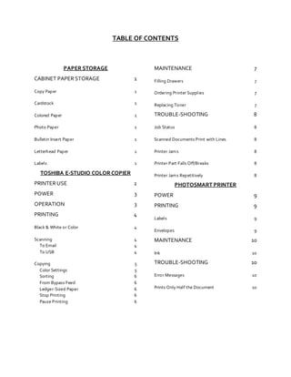 TABLE OF CONTENTS
PAPER STORAGE
CABINET PAPER STORAGE 1
Copy Paper 1
Cardstock 1
Colored Paper 1
Photo Paper 1
Bulletin Insert Paper 1
Letterhead Paper 1
Labels 1
TOSHIBA E-STUDIO COLOR COPIER
PRINTER USE 2
POWER 3
OPERATION 3
PRINTING 4
Black & White or Color 4
Scanning 4
To Email 4
To USB 4
Copying 5
Color Settings 5
Sorting 6
From Bypass Feed 6
Ledger-Sized Paper 6
Stop Printing 6
Pause Printing 6
MAINTENANCE 7
Filling Drawers 7
Ordering Printer Supplies 7
Replacing Toner 7
TROUBLE-SHOOTING 8
Job Status 8
Scanned Documents Print with Lines 8
Printer Jams 8
Printer Part Falls Off/Breaks 8
Printer Jams Repetitively 8
PHOTOSMART PRINTER
POWER 9
PRINTING 9
Labels 9
Envelopes 9
MAINTENANCE 10
Ink 10
TROUBLE-SHOOTING 10
Error Messages 10
Prints Only Half the Document 10
 