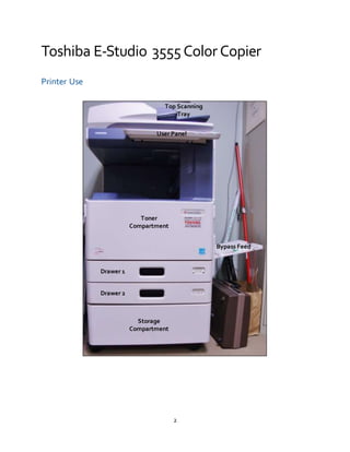 2
Toshiba E-Studio 3555Color Copier
Printer Use
Bypass Feed
Toner
Compartment
Drawer 1
Drawer 2
Storage
Compartment
Top Scanning
Tray
User Panel
 