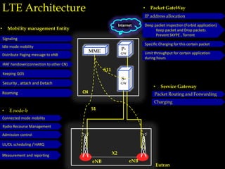X2
eNB eNB
MME
S-
GW
Internet
P-
GW
Eutran
• Mobility management Entity
S11
S1
LTE Architecture
Connected mode mobility
Radio Recourse Management
Admission control
UL/DL scheduling / HARQ
Measurement and reporting
CN
Signaling
Idle mode mobility
Distribute Paging message to eNB
IRAT handover(connection to other CN)
Keeping QOS
Security , attach and Detach
Roaming
• E node-b
Packet Routing and Forwarding
Charging
• Service Gateway
Limit throughput for certain application
during hours
IP address allocation
Deep packet inspection (Forbid application)
Keep packet and Drop packets
Prevent SKYPE , Torrent
Specific Charging for this certain packet
• Packet GateWay
 
