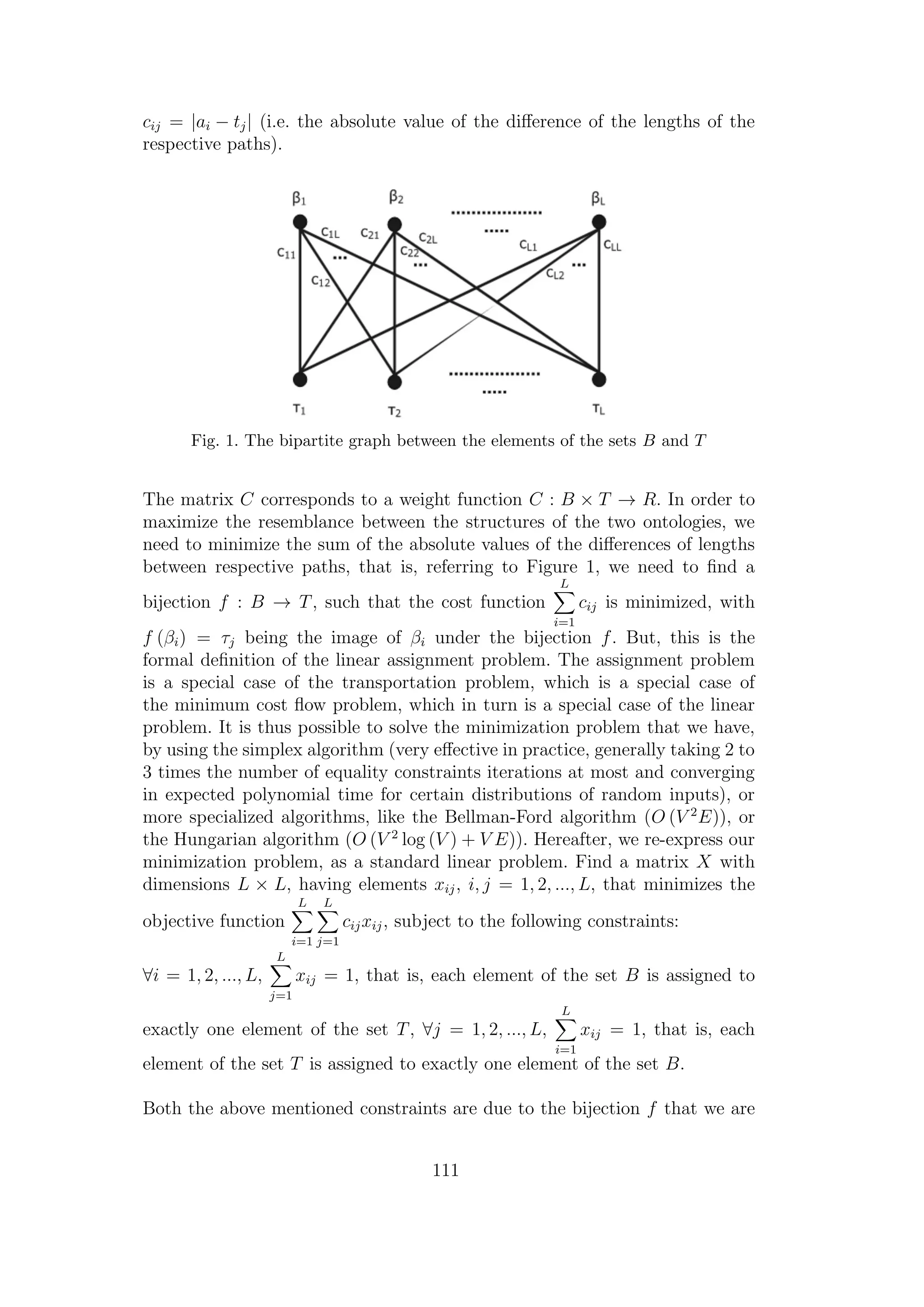 cij = |ai − tj| (i.e. the absolute value of the diﬀerence of the lengths of the
respective paths).
Fig. 1. The bipartite graph between the elements of the sets B and T
The matrix C corresponds to a weight function C : B × T → R. In order to
maximize the resemblance between the structures of the two ontologies, we
need to minimize the sum of the absolute values of the diﬀerences of lengths
between respective paths, that is, referring to Figure 1, we need to ﬁnd a
bijection f : B → T, such that the cost function
L
i=1
cij is minimized, with
f (βi) = τj being the image of βi under the bijection f. But, this is the
formal deﬁnition of the linear assignment problem. The assignment problem
is a special case of the transportation problem, which is a special case of
the minimum cost ﬂow problem, which in turn is a special case of the linear
problem. It is thus possible to solve the minimization problem that we have,
by using the simplex algorithm (very eﬀective in practice, generally taking 2 to
3 times the number of equality constraints iterations at most and converging
in expected polynomial time for certain distributions of random inputs), or
more specialized algorithms, like the Bellman-Ford algorithm (O (V 2
E)), or
the Hungarian algorithm (O (V 2
log (V ) + V E)). Hereafter, we re-express our
minimization problem, as a standard linear problem. Find a matrix X with
dimensions L × L, having elements xij, i, j = 1, 2, ..., L, that minimizes the
objective function
L
i=1
L
j=1
cijxij, subject to the following constraints:
∀i = 1, 2, ..., L,
L
j=1
xij = 1, that is, each element of the set B is assigned to
exactly one element of the set T, ∀j = 1, 2, ..., L,
L
i=1
xij = 1, that is, each
element of the set T is assigned to exactly one element of the set B.
Both the above mentioned constraints are due to the bijection f that we are
111
 