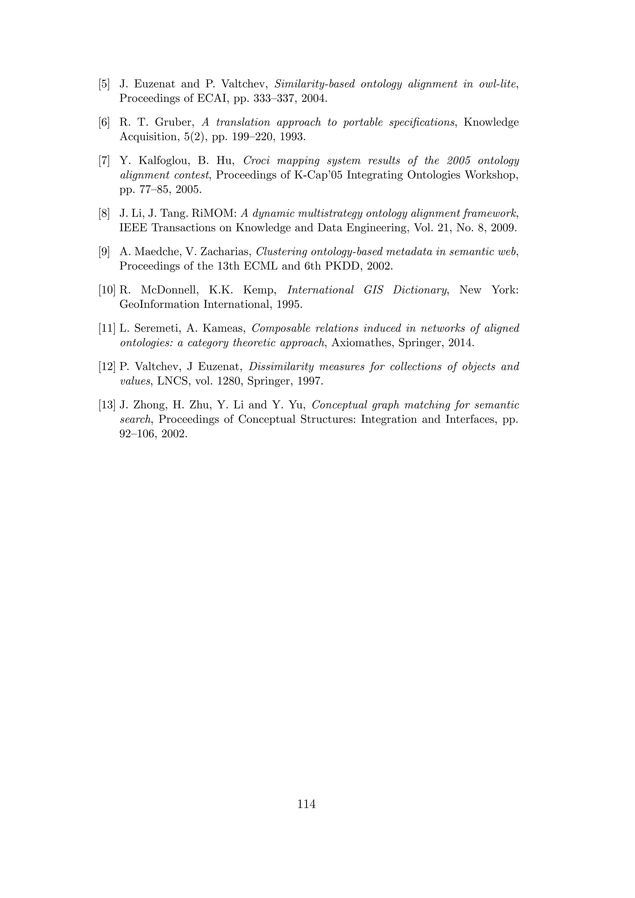 [5] J. Euzenat and P. Valtchev, Similarity-based ontology alignment in owl-lite,
Proceedings of ECAI, pp. 333–337, 2004.
[6] R. T. Gruber, A translation approach to portable speciﬁcations, Knowledge
Acquisition, 5(2), pp. 199–220, 1993.
[7] Y. Kalfoglou, B. Hu, Croci mapping system results of the 2005 ontology
alignment contest, Proceedings of K-Cap’05 Integrating Ontologies Workshop,
pp. 77–85, 2005.
[8] J. Li, J. Tang. RiMOM: A dynamic multistrategy ontology alignment framework,
IEEE Transactions on Knowledge and Data Engineering, Vol. 21, No. 8, 2009.
[9] A. Maedche, V. Zacharias, Clustering ontology-based metadata in semantic web,
Proceedings of the 13th ECML and 6th PKDD, 2002.
[10] R. McDonnell, K.K. Kemp, International GIS Dictionary, New York:
GeoInformation International, 1995.
[11] L. Seremeti, A. Kameas, Composable relations induced in networks of aligned
ontologies: a category theoretic approach, Axiomathes, Springer, 2014.
[12] P. Valtchev, J Euzenat, Dissimilarity measures for collections of objects and
values, LNCS, vol. 1280, Springer, 1997.
[13] J. Zhong, H. Zhu, Y. Li and Y. Yu, Conceptual graph matching for semantic
search, Proceedings of Conceptual Structures: Integration and Interfaces, pp.
92–106, 2002.
114
 