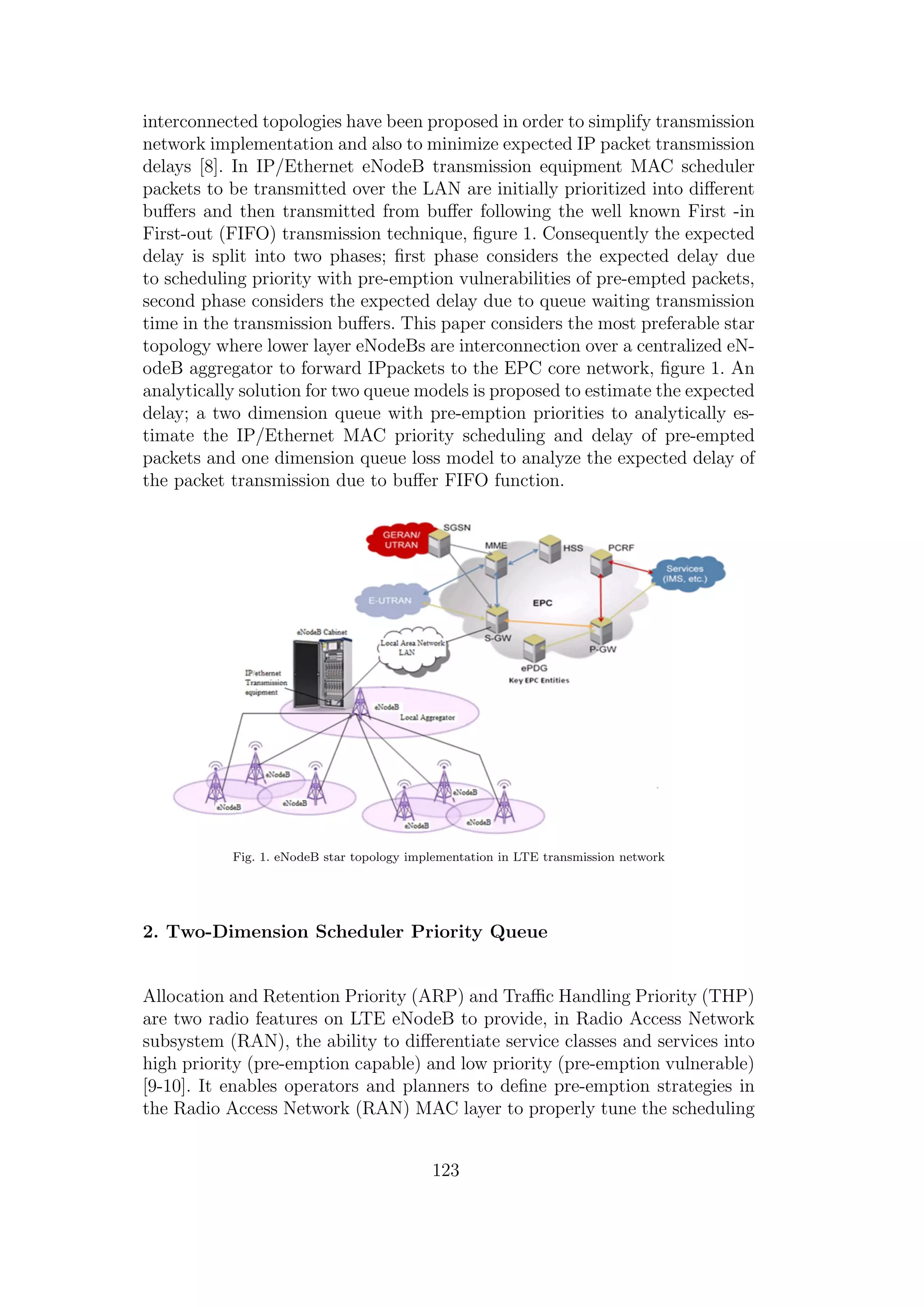 interconnected topologies have been proposed in order to simplify transmission
network implementation and also to minimize expected IP packet transmission
delays [8]. In IP/Ethernet eNodeB transmission equipment MAC scheduler
packets to be transmitted over the LAN are initially prioritized into diﬀerent
buﬀers and then transmitted from buﬀer following the well known First -in
First-out (FIFO) transmission technique, ﬁgure 1. Consequently the expected
delay is split into two phases; ﬁrst phase considers the expected delay due
to scheduling priority with pre-emption vulnerabilities of pre-empted packets,
second phase considers the expected delay due to queue waiting transmission
time in the transmission buﬀers. This paper considers the most preferable star
topology where lower layer eNodeBs are interconnection over a centralized eN-
odeB aggregator to forward IPpackets to the EPC core network, ﬁgure 1. An
analytically solution for two queue models is proposed to estimate the expected
delay; a two dimension queue with pre-emption priorities to analytically es-
timate the IP/Ethernet MAC priority scheduling and delay of pre-empted
packets and one dimension queue loss model to analyze the expected delay of
the packet transmission due to buﬀer FIFO function.
Fig. 1. eNodeB star topology implementation in LTE transmission network
2. Two-Dimension Scheduler Priority Queue
Allocation and Retention Priority (ARP) and Traﬃc Handling Priority (THP)
are two radio features on LTE eNodeB to provide, in Radio Access Network
subsystem (RAN), the ability to diﬀerentiate service classes and services into
high priority (pre-emption capable) and low priority (pre-emption vulnerable)
[9-10]. It enables operators and planners to deﬁne pre-emption strategies in
the Radio Access Network (RAN) MAC layer to properly tune the scheduling
123
 