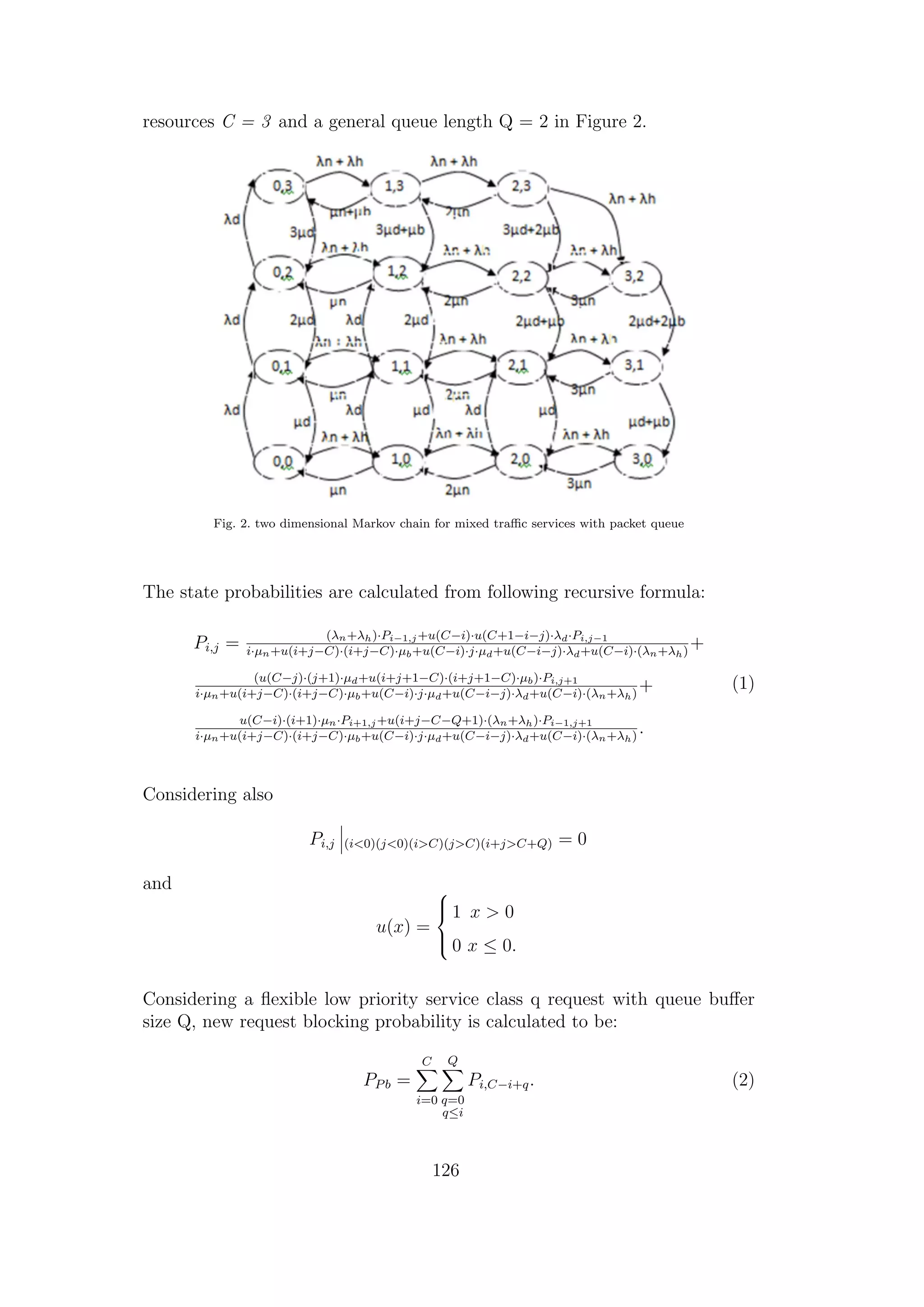 resources C = 3 and a general queue length Q = 2 in Figure 2.
Fig. 2. two dimensional Markov chain for mixed traﬃc services with packet queue
The state probabilities are calculated from following recursive formula:
Pi,j = (λn+λh)·Pi−1,j+u(C−i)·u(C+1−i−j)·λd·Pi,j−1
i·µn+u(i+j−C)·(i+j−C)·µb+u(C−i)·j·µd+u(C−i−j)·λd+u(C−i)·(λn+λh)
+
(u(C−j)·(j+1)·µd+u(i+j+1−C)·(i+j+1−C)·µb)·Pi,j+1
i·µn+u(i+j−C)·(i+j−C)·µb+u(C−i)·j·µd+u(C−i−j)·λd+u(C−i)·(λn+λh)
+
u(C−i)·(i+1)·µn·Pi+1,j+u(i+j−C−Q+1)·(λn+λh)·Pi−1,j+1
i·µn+u(i+j−C)·(i+j−C)·µb+u(C−i)·j·µd+u(C−i−j)·λd+u(C−i)·(λn+λh)
.
(1)
Considering also
Pi,j (i<0)(j<0)(i>C)(j>C)(i+j>C+Q) = 0
and
u(x) =



1 x > 0
0 x ≤ 0.
Considering a ﬂexible low priority service class q request with queue buﬀer
size Q, new request blocking probability is calculated to be:
PPb =
C
i=0
Q
q=0
q≤i
Pi,C−i+q. (2)
126
 