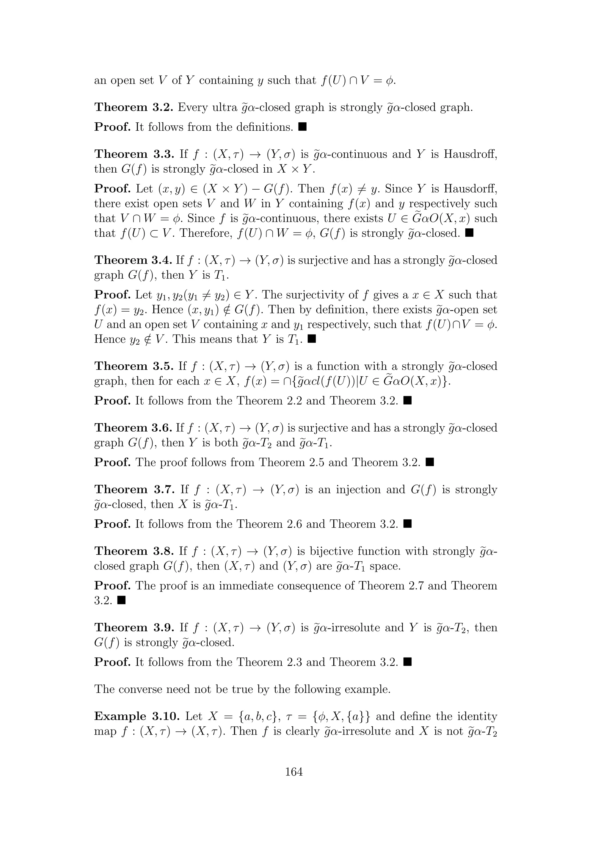 an open set V of Y containing y such that f(U) ∩ V = φ.
Theorem 3.2. Every ultra gα-closed graph is strongly gα-closed graph.
Proof. It follows from the deﬁnitions.
Theorem 3.3. If f : (X, τ) → (Y, σ) is gα-continuous and Y is Hausdroﬀ,
then G(f) is strongly gα-closed in X × Y .
Proof. Let (x, y) ∈ (X × Y ) − G(f). Then f(x) = y. Since Y is Hausdorﬀ,
there exist open sets V and W in Y containing f(x) and y respectively such
that V ∩ W = φ. Since f is gα-continuous, there exists U ∈ GαO(X, x) such
that f(U) ⊂ V . Therefore, f(U) ∩ W = φ, G(f) is strongly gα-closed.
Theorem 3.4. If f : (X, τ) → (Y, σ) is surjective and has a strongly gα-closed
graph G(f), then Y is T1.
Proof. Let y1, y2(y1 = y2) ∈ Y . The surjectivity of f gives a x ∈ X such that
f(x) = y2. Hence (x, y1) /∈ G(f). Then by deﬁnition, there exists gα-open set
U and an open set V containing x and y1 respectively, such that f(U)∩V = φ.
Hence y2 /∈ V . This means that Y is T1.
Theorem 3.5. If f : (X, τ) → (Y, σ) is a function with a strongly gα-closed
graph, then for each x ∈ X, f(x) = ∩{gαcl(f(U))|U ∈ GαO(X, x)}.
Proof. It follows from the Theorem 2.2 and Theorem 3.2.
Theorem 3.6. If f : (X, τ) → (Y, σ) is surjective and has a strongly gα-closed
graph G(f), then Y is both gα-T2 and gα-T1.
Proof. The proof follows from Theorem 2.5 and Theorem 3.2.
Theorem 3.7. If f : (X, τ) → (Y, σ) is an injection and G(f) is strongly
gα-closed, then X is gα-T1.
Proof. It follows from the Theorem 2.6 and Theorem 3.2.
Theorem 3.8. If f : (X, τ) → (Y, σ) is bijective function with strongly gα-
closed graph G(f), then (X, τ) and (Y, σ) are gα-T1 space.
Proof. The proof is an immediate consequence of Theorem 2.7 and Theorem
3.2.
Theorem 3.9. If f : (X, τ) → (Y, σ) is gα-irresolute and Y is gα-T2, then
G(f) is strongly gα-closed.
Proof. It follows from the Theorem 2.3 and Theorem 3.2.
The converse need not be true by the following example.
Example 3.10. Let X = {a, b, c}, τ = {φ, X, {a}} and deﬁne the identity
map f : (X, τ) → (X, τ). Then f is clearly gα-irresolute and X is not gα-T2
164
 