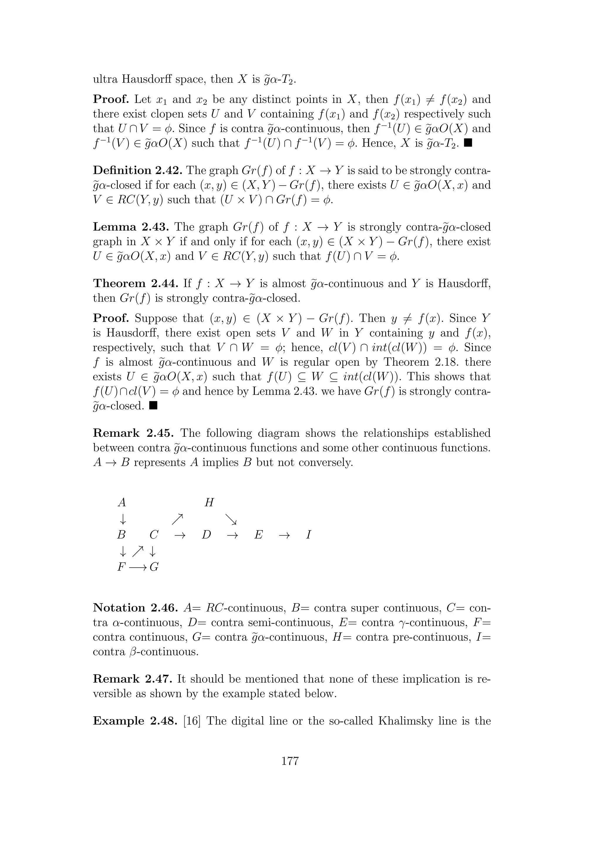 ultra Hausdorﬀ space, then X is gα-T2.
Proof. Let x1 and x2 be any distinct points in X, then f(x1) = f(x2) and
there exist clopen sets U and V containing f(x1) and f(x2) respectively such
that U ∩ V = φ. Since f is contra gα-continuous, then f−1
(U) ∈ gαO(X) and
f−1
(V ) ∈ gαO(X) such that f−1
(U) ∩ f−1
(V ) = φ. Hence, X is gα-T2.
Deﬁnition 2.42. The graph Gr(f) of f : X → Y is said to be strongly contra-
gα-closed if for each (x, y) ∈ (X, Y ) − Gr(f), there exists U ∈ gαO(X, x) and
V ∈ RC(Y, y) such that (U × V ) ∩ Gr(f) = φ.
Lemma 2.43. The graph Gr(f) of f : X → Y is strongly contra-gα-closed
graph in X × Y if and only if for each (x, y) ∈ (X × Y ) − Gr(f), there exist
U ∈ gαO(X, x) and V ∈ RC(Y, y) such that f(U) ∩ V = φ.
Theorem 2.44. If f : X → Y is almost gα-continuous and Y is Hausdorﬀ,
then Gr(f) is strongly contra-gα-closed.
Proof. Suppose that (x, y) ∈ (X × Y ) − Gr(f). Then y = f(x). Since Y
is Hausdorﬀ, there exist open sets V and W in Y containing y and f(x),
respectively, such that V ∩ W = φ; hence, cl(V ) ∩ int(cl(W)) = φ. Since
f is almost gα-continuous and W is regular open by Theorem 2.18. there
exists U ∈ gαO(X, x) such that f(U) ⊆ W ⊆ int(cl(W)). This shows that
f(U)∩cl(V ) = φ and hence by Lemma 2.43. we have Gr(f) is strongly contra-
gα-closed.
Remark 2.45. The following diagram shows the relationships established
between contra gα-continuous functions and some other continuous functions.
A → B represents A implies B but not conversely.
A H
↓
B C → D → E → I
↓ ↓
F −→ G
Notation 2.46. A= RC-continuous, B= contra super continuous, C= con-
tra α-continuous, D= contra semi-continuous, E= contra γ-continuous, F=
contra continuous, G= contra gα-continuous, H= contra pre-continuous, I=
contra β-continuous.
Remark 2.47. It should be mentioned that none of these implication is re-
versible as shown by the example stated below.
Example 2.48. [16] The digital line or the so-called Khalimsky line is the
177
 