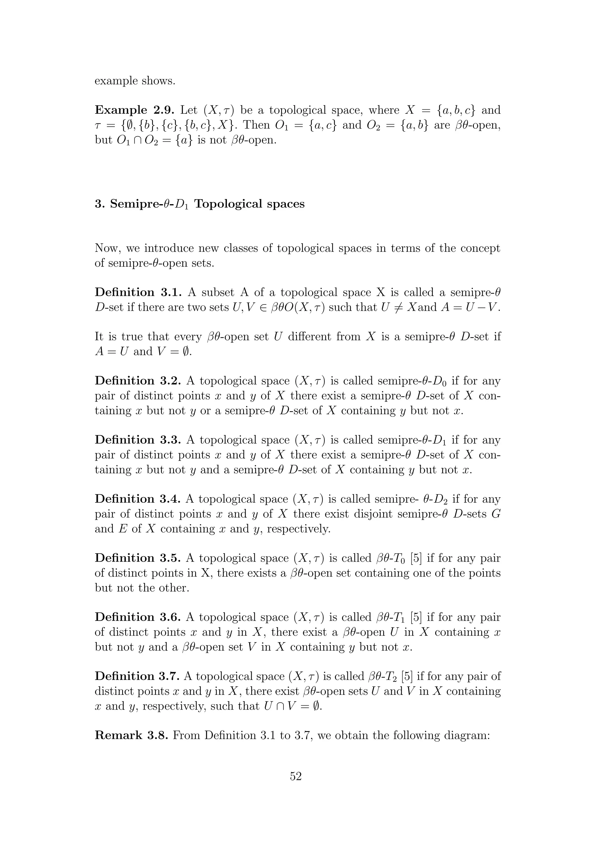 example shows.
Example 2.9. Let (X, τ) be a topological space, where X = {a, b, c} and
τ = {∅, {b}, {c}, {b, c}, X}. Then O1 = {a, c} and O2 = {a, b} are βθ-open,
but O1 ∩ O2 = {a} is not βθ-open.
3. Semipre-θ-D1 Topological spaces
Now, we introduce new classes of topological spaces in terms of the concept
of semipre-θ-open sets.
Deﬁnition 3.1. A subset A of a topological space X is called a semipre-θ
D-set if there are two sets U, V ∈ βθO(X, τ) such that U = Xand A = U −V .
It is true that every βθ-open set U diﬀerent from X is a semipre-θ D-set if
A = U and V = ∅.
Deﬁnition 3.2. A topological space (X, τ) is called semipre-θ-D0 if for any
pair of distinct points x and y of X there exist a semipre-θ D-set of X con-
taining x but not y or a semipre-θ D-set of X containing y but not x.
Deﬁnition 3.3. A topological space (X, τ) is called semipre-θ-D1 if for any
pair of distinct points x and y of X there exist a semipre-θ D-set of X con-
taining x but not y and a semipre-θ D-set of X containing y but not x.
Deﬁnition 3.4. A topological space (X, τ) is called semipre- θ-D2 if for any
pair of distinct points x and y of X there exist disjoint semipre-θ D-sets G
and E of X containing x and y, respectively.
Deﬁnition 3.5. A topological space (X, τ) is called βθ-T0 [5] if for any pair
of distinct points in X, there exists a βθ-open set containing one of the points
but not the other.
Deﬁnition 3.6. A topological space (X, τ) is called βθ-T1 [5] if for any pair
of distinct points x and y in X, there exist a βθ-open U in X containing x
but not y and a βθ-open set V in X containing y but not x.
Deﬁnition 3.7. A topological space (X, τ) is called βθ-T2 [5] if for any pair of
distinct points x and y in X, there exist βθ-open sets U and V in X containing
x and y, respectively, such that U ∩ V = ∅.
Remark 3.8. From Deﬁnition 3.1 to 3.7, we obtain the following diagram:
52
 