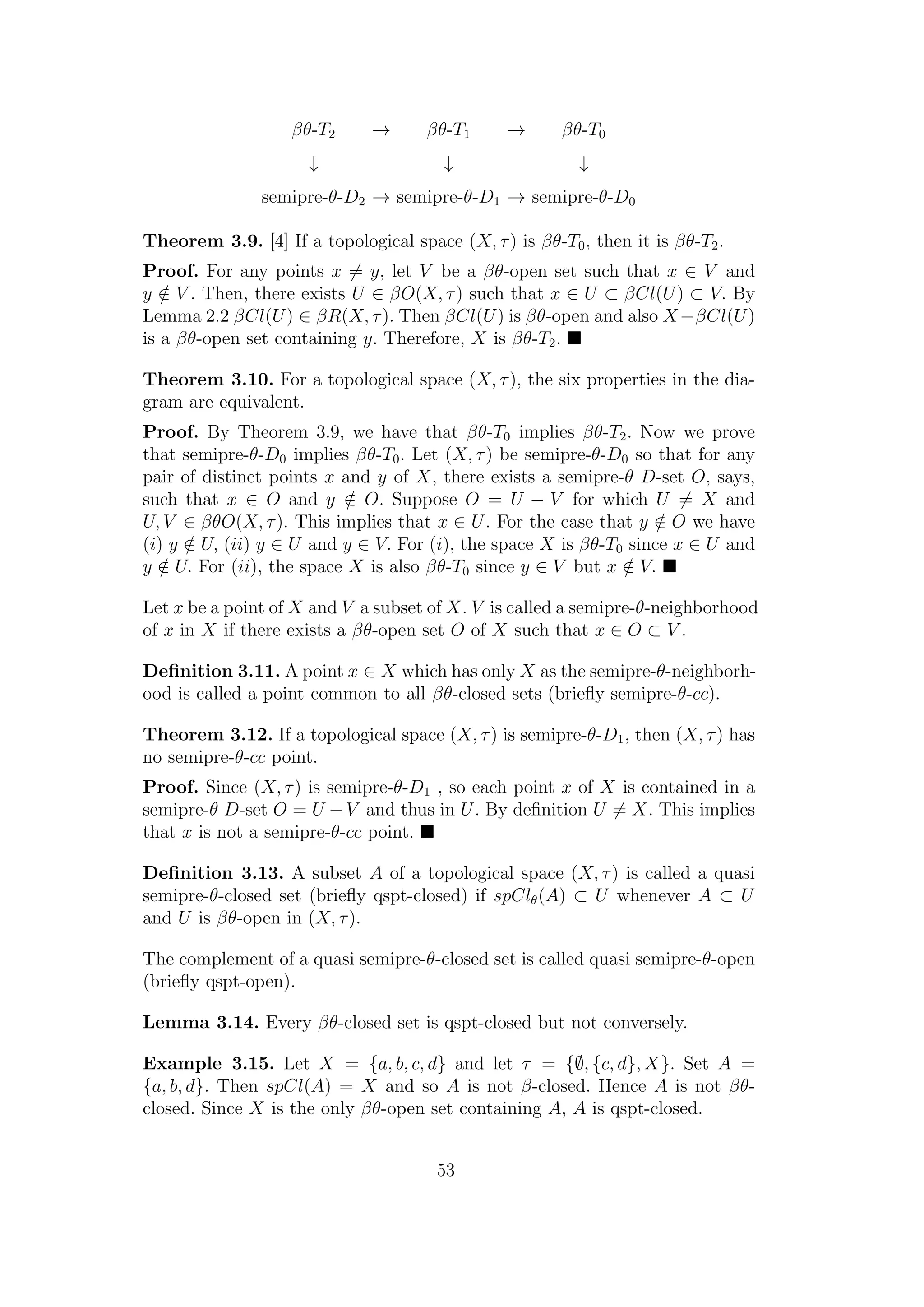 βθ-T2 → βθ-T1 → βθ-T0
↓ ↓ ↓
semipre-θ-D2 → semipre-θ-D1 → semipre-θ-D0
Theorem 3.9. [4] If a topological space (X, τ) is βθ-T0, then it is βθ-T2.
Proof. For any points x = y, let V be a βθ-open set such that x ∈ V and
y /∈ V . Then, there exists U ∈ βO(X, τ) such that x ∈ U ⊂ βCl(U) ⊂ V. By
Lemma 2.2 βCl(U) ∈ βR(X, τ). Then βCl(U) is βθ-open and also X−βCl(U)
is a βθ-open set containing y. Therefore, X is βθ-T2.
Theorem 3.10. For a topological space (X, τ), the six properties in the dia-
gram are equivalent.
Proof. By Theorem 3.9, we have that βθ-T0 implies βθ-T2. Now we prove
that semipre-θ-D0 implies βθ-T0. Let (X, τ) be semipre-θ-D0 so that for any
pair of distinct points x and y of X, there exists a semipre-θ D-set O, says,
such that x ∈ O and y /∈ O. Suppose O = U − V for which U = X and
U, V ∈ βθO(X, τ). This implies that x ∈ U. For the case that y /∈ O we have
(i) y /∈ U, (ii) y ∈ U and y ∈ V. For (i), the space X is βθ-T0 since x ∈ U and
y /∈ U. For (ii), the space X is also βθ-T0 since y ∈ V but x /∈ V.
Let x be a point of X and V a subset of X. V is called a semipre-θ-neighborhood
of x in X if there exists a βθ-open set O of X such that x ∈ O ⊂ V .
Deﬁnition 3.11. A point x ∈ X which has only X as the semipre-θ-neighborh-
ood is called a point common to all βθ-closed sets (brieﬂy semipre-θ-cc).
Theorem 3.12. If a topological space (X, τ) is semipre-θ-D1, then (X, τ) has
no semipre-θ-cc point.
Proof. Since (X, τ) is semipre-θ-D1 , so each point x of X is contained in a
semipre-θ D-set O = U −V and thus in U. By deﬁnition U = X. This implies
that x is not a semipre-θ-cc point.
Deﬁnition 3.13. A subset A of a topological space (X, τ) is called a quasi
semipre-θ-closed set (brieﬂy qspt-closed) if spClθ(A) ⊂ U whenever A ⊂ U
and U is βθ-open in (X, τ).
The complement of a quasi semipre-θ-closed set is called quasi semipre-θ-open
(brieﬂy qspt-open).
Lemma 3.14. Every βθ-closed set is qspt-closed but not conversely.
Example 3.15. Let X = {a, b, c, d} and let τ = {∅, {c, d}, X}. Set A =
{a, b, d}. Then spCl(A) = X and so A is not β-closed. Hence A is not βθ-
closed. Since X is the only βθ-open set containing A, A is qspt-closed.
53
 