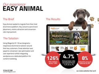 8%Adwords account 
reduced by 8%
 
EASY ANIMAL
Our experience
Easy Animal needed to migrate from their tired
eCommerce pla...