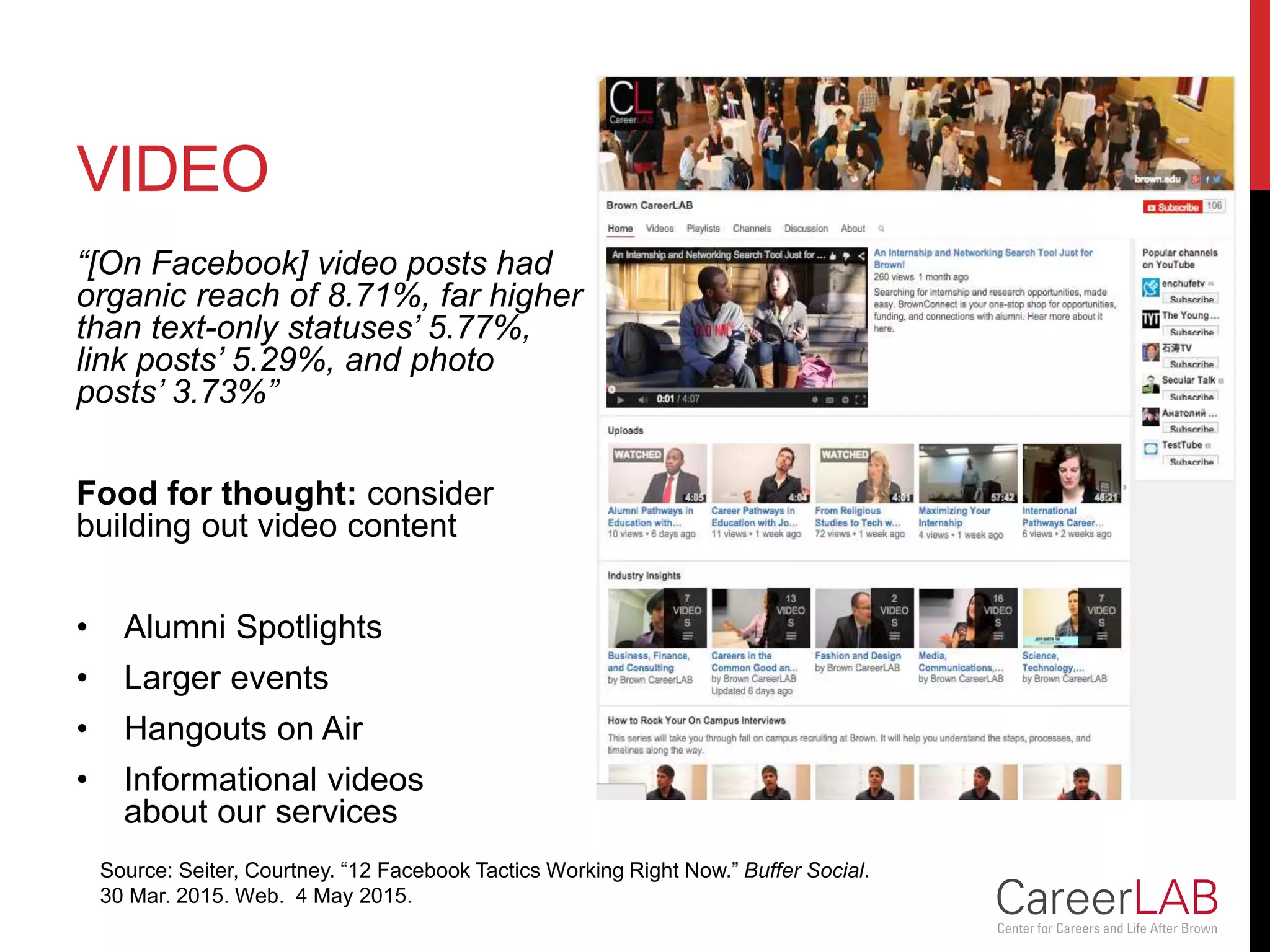 VIDEO
“[On Facebook] video posts had
organic reach of 8.71%, far higher
than text-only statuses’ 5.77%,
link posts’ 5.29%, and photo
posts’ 3.73%”
Food for thought: consider
building out video content
• Alumni Spotlights
• Larger events
• Hangouts on Air
• Informational videos
about our services
Source: Seiter, Courtney. “12 Facebook Tactics Working Right Now.” Buffer Social.
30 Mar. 2015. Web. 4 May 2015.
 