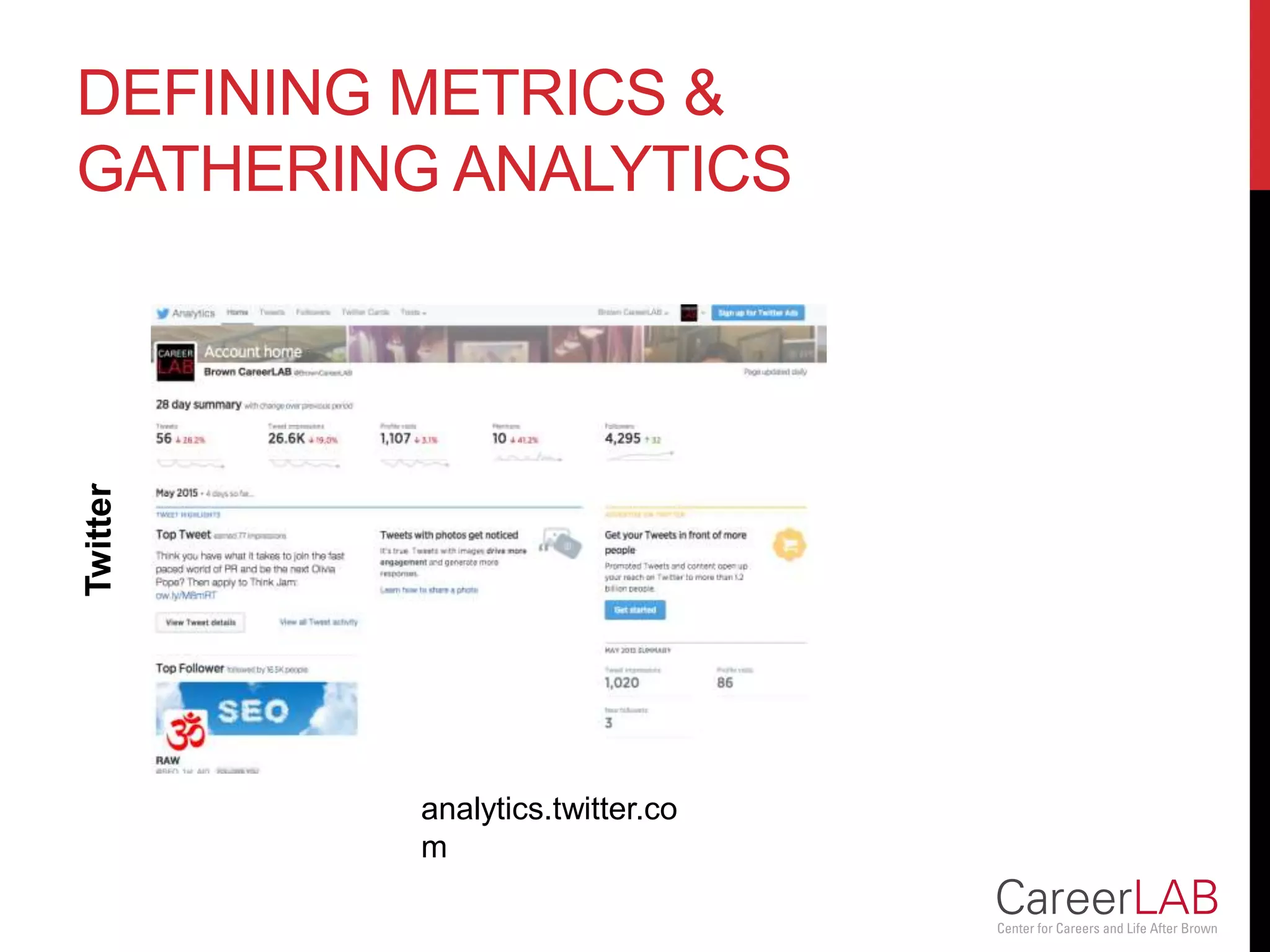 DEFINING METRICS &
GATHERING ANALYTICS
Twitter
analytics.twitter.co
m
 