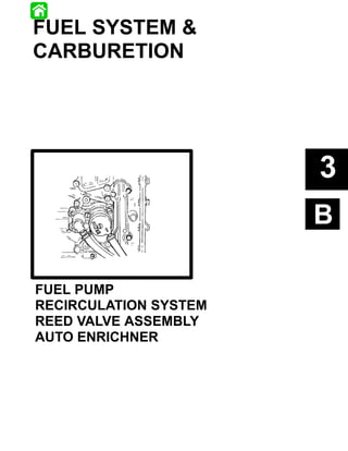 FUEL SYSTEM &
CARBURETION




                                      3
                                      B

 FUEL PUMP
 RECIRCULATION SYSTEM
 REED VALVE ASSEMBLY
 AUTO ENRICHNER




90-831996R1 JUNE 1996   FUEL SYSTEM   3B-–1
 