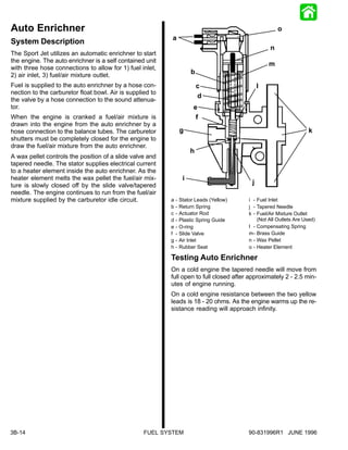 Auto Enrichner                                                                                          o
                                                           a
System Description
                                                                                                    n
The Sport Jet utilizes an automatic enrichner to start
the engine. The auto enrichner is a self contained unit
                                                                                                    m
with three hose connections to allow for 1) fuel inlet,
2) air inlet, 3) fuel/air mixture outlet.
                                                                        b
Fuel is supplied to the auto enrichner by a hose con-                       c                   l
nection to the carburetor float bowl. Air is supplied to
                                                                            d
the valve by a hose connection to the sound attenua-
tor.                                                                     e
When the engine is cranked a fuel/air mixture is                          f
drawn into the engine from the auto enrichner by a
hose connection to the balance tubes. The carburetor               g                                                  k
shutters must be completely closed for the engine to
draw the fuel/air mixture from the auto enrichner.
                                                                        h
A wax pellet controls the position of a slide valve and
tapered needle. The stator supplies electrical current
to a heater element inside the auto enrichner. As the
heater element melts the wax pellet the fuel/air mix-               i
ture is slowly closed off by the slide valve/tapered                                        j
needle. The engine continues to run from the fuel/air
mixture supplied by the carburetor idle circuit.           a   -   Stator Leads (Yellow)   i - Fuel Inlet
                                                           b   -   Return Spring           j - Tapered Needle
                                                           c   -   Actuator Rod            k - Fuel/Air Mixture Outlet
                                                           d   -   Plastic Spring Guide        (Not All Outlets Are Used)
                                                           e   -   O-ring                  l - Compensating Spring
                                                           f   -   Slide Valve             m- Brass Guide
                                                           g   -   Air Inlet               n - Wax Pellet
                                                           h   -   Rubber Seat             o - Heater Element

                                                           Testing Auto Enrichner
                                                           On a cold engine the tapered needle will move from
                                                           full open to full closed after approximately 2 - 2.5 min-
                                                           utes of engine running.
                                                           On a cold engine resistance between the two yellow
                                                           leads is 18 - 20 ohms. As the engine warms up the re-
                                                           sistance reading will approach infinity.




3B-14                                              FUEL SYSTEM                             90-831996R1 JUNE 1996
 