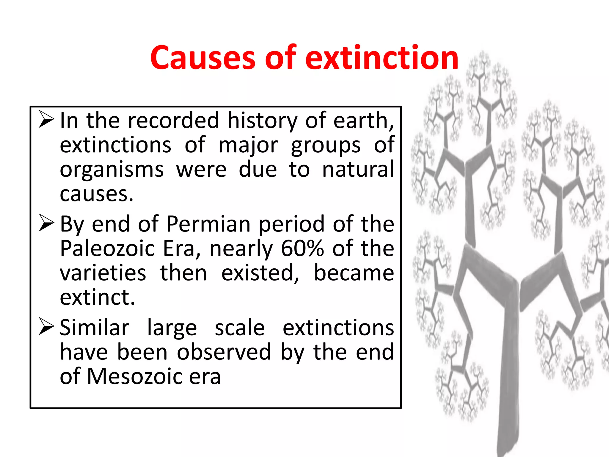 In the recorded history of earth,
extinctions of major groups of
organisms were due to natural
causes.
By end of Permian period of the
Paleozoic Era, nearly 60% of the
varieties then existed, became
extinct.
Similar large scale extinctions
have been observed by the end
of Mesozoic era
Causes of extinction
 