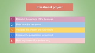 Investment project
1. Describe the aspects of the business
2. Determine the resources
3. Visualize the present and future risks
4. Increase the probabilities to succeed
5. Main requirement for the financing
 